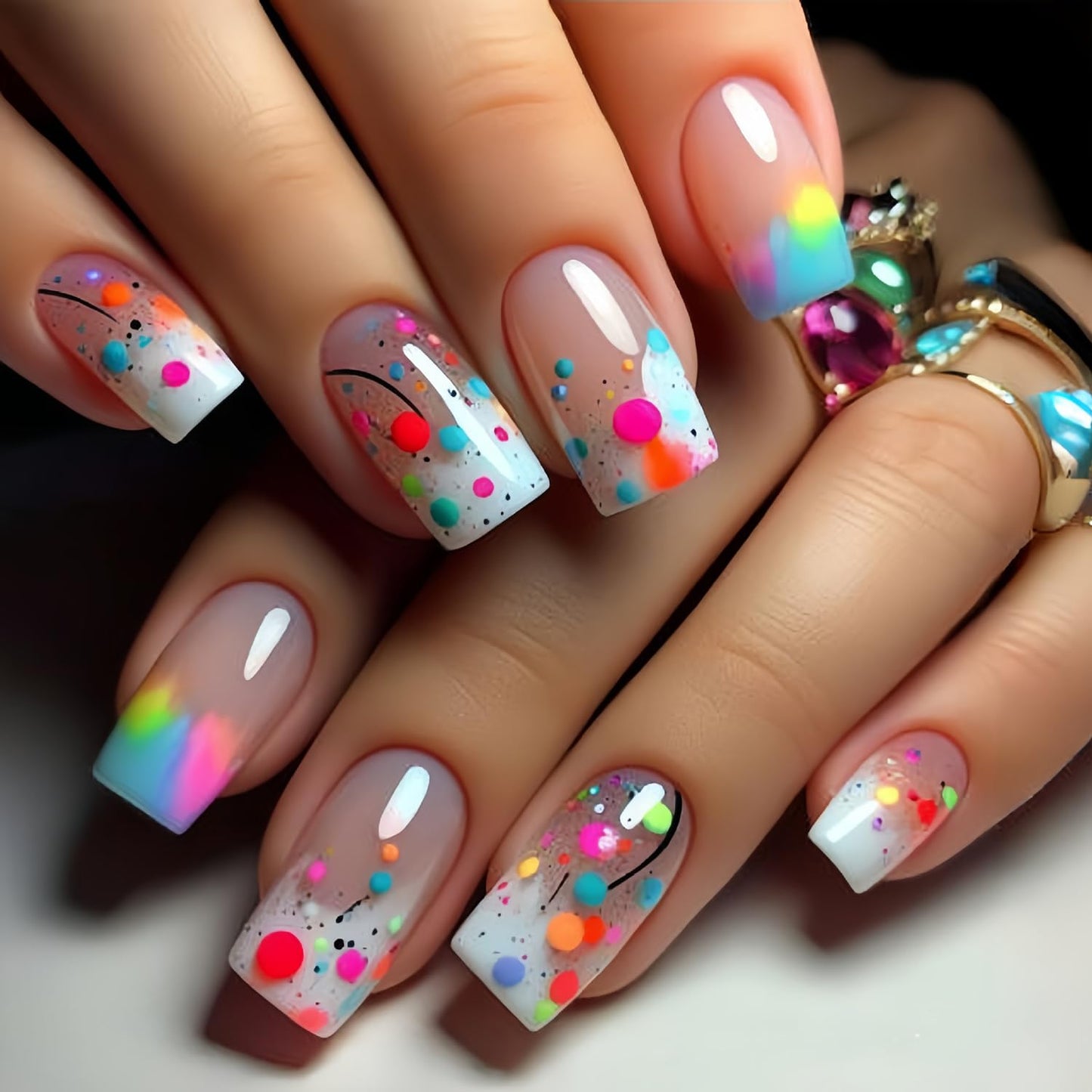 Press On Nails - Medium Length Square Colorful Gradient Acrylic Coffin Nails | 24 Pcs Full Cover Set for Women