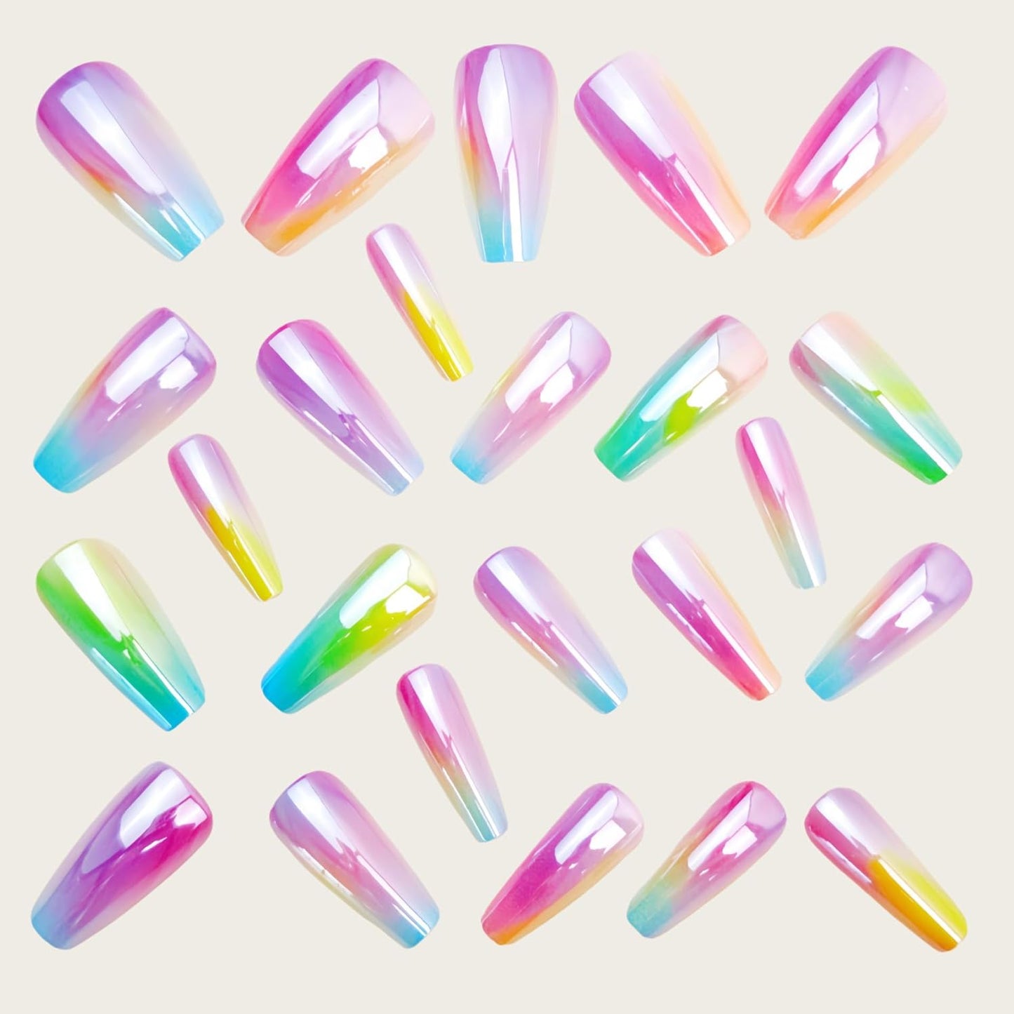 Dreamy Rainbow Aurora Press-On Nails - Medium Coffin Shape | 24 Pcs Reusable Glossy Full Cover Fake Nails for Women