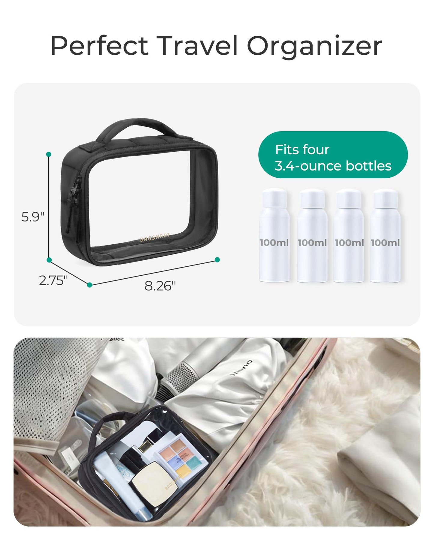 BAGSMART Puffy Clear Toiletry Bag, TSA-Approved & Wide-Open, 1-Pack, Black