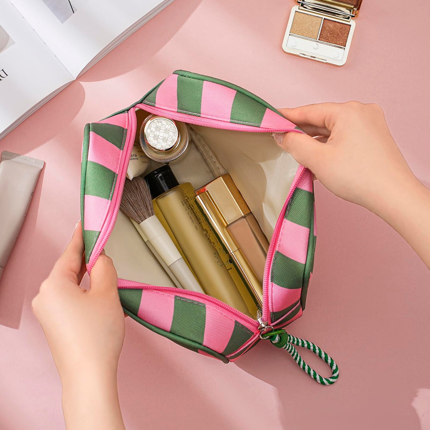 Lestikave Stripe Travel Makeup Bag,Large Aesthetic Zipper Cosmetic Bag, Oxford Coquette Toiletry Bag, Girls Handbags Purses, Accessories Storage Bag for Women Girls(02 Pink&Green)