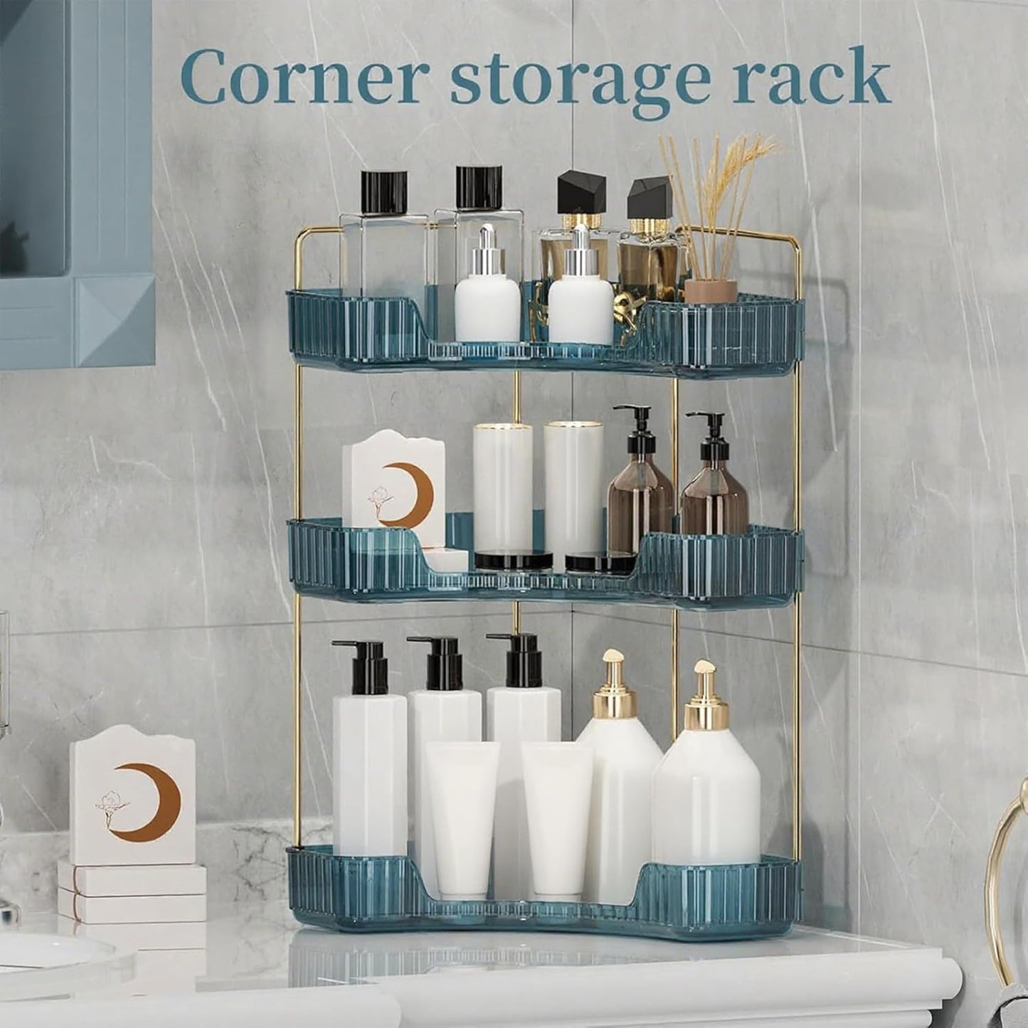Corner Bathroom Countertop Organizer - 3-Tier Vanity Makeup & Perfume Storage Tray | Blue