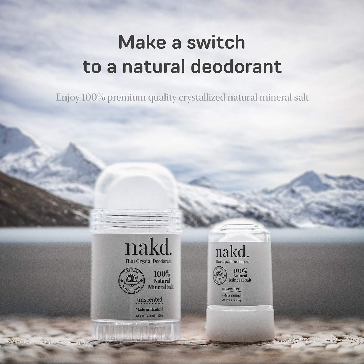 nakd. Thai Crystal Deodorant Stone – 2 Salt Crystal Deodorant Sticks, 4.25 oz. Regular + 2.5 oz. Travel Size – All Natural Unscented and Aluminum Free for Women & Men