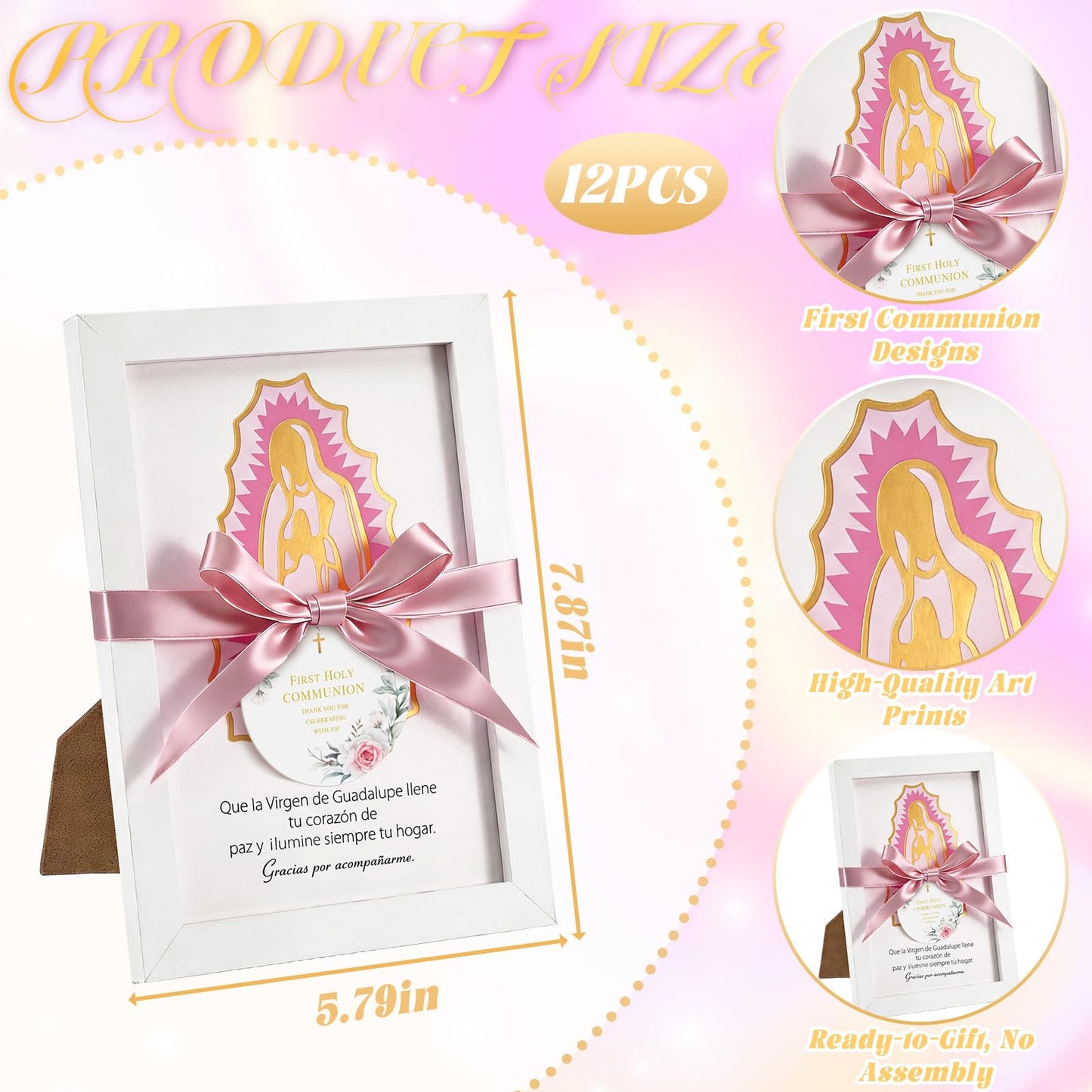 12 Pcs Baptism Favors Our Lady of Guadalupe Frame, Girls First Communion Gifts Recuerdos De Bautizo Photo Frame Pink Bautizo Centerpieces, Catholic Religious Keepsake Niña Primera Comunion Souvenirs