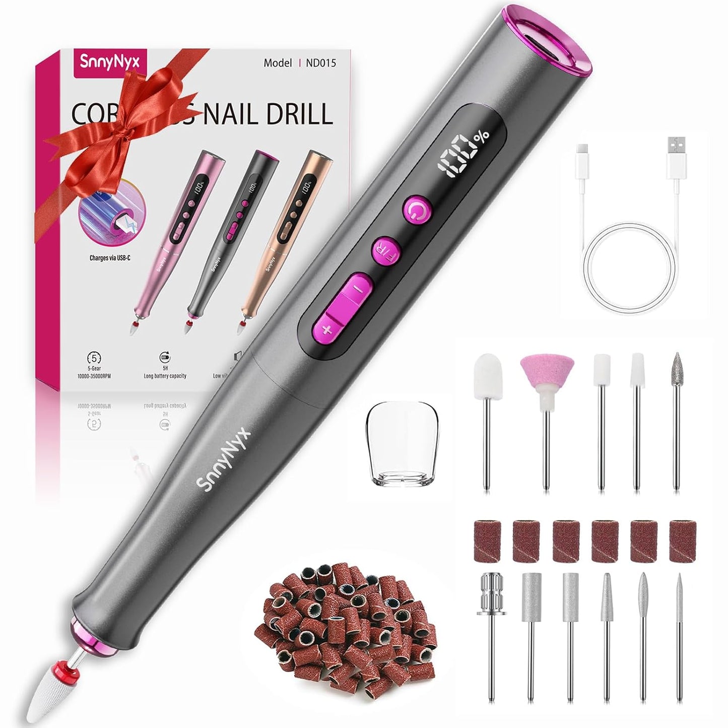 Electric Nail Drill - Professional 35000RPM Cordless Acrylic Nail Kit | Matte Gray Manicure & Pedicure Tool