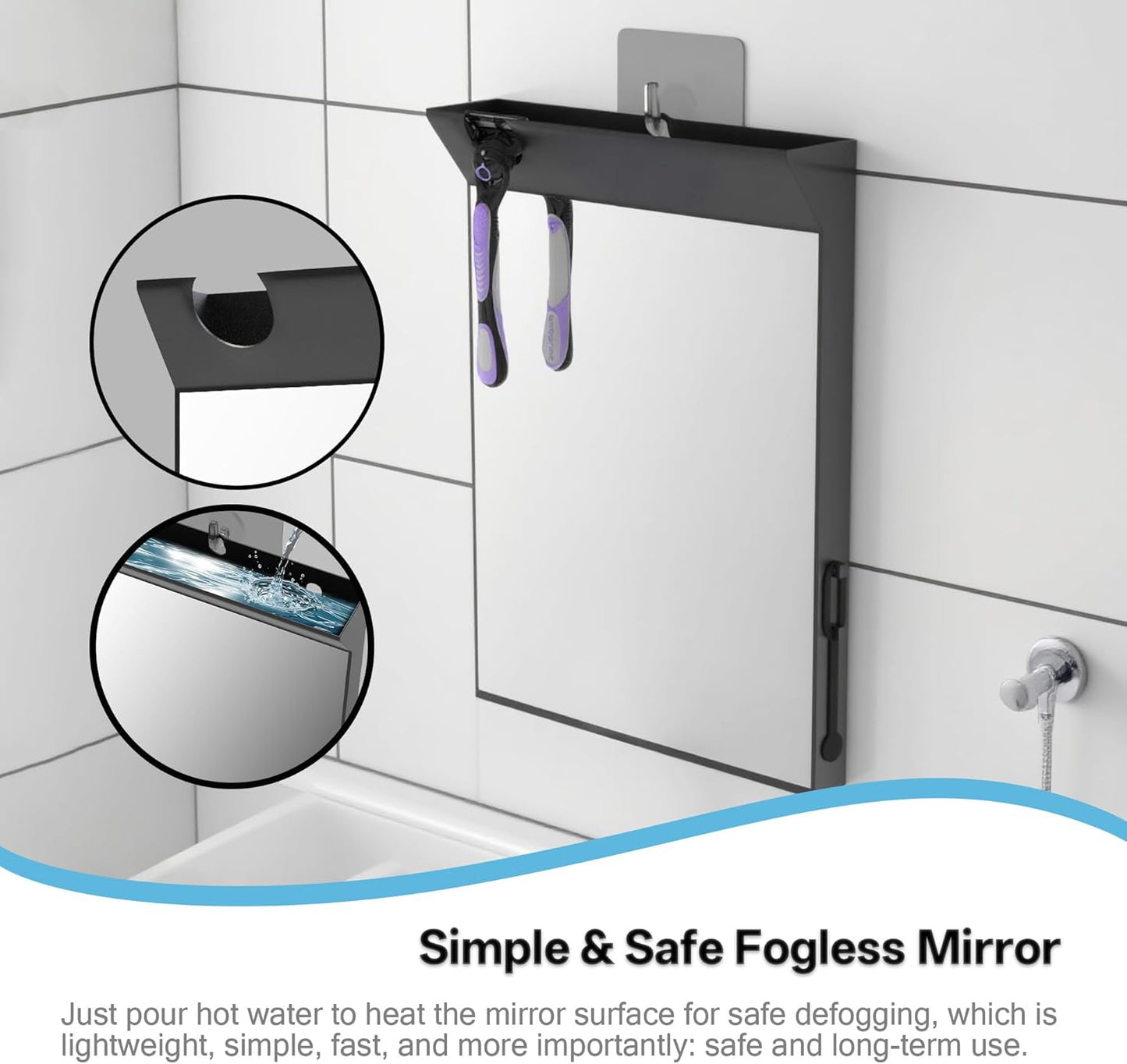 Anti-Fog Shower Mirror - Large Black Bathroom Mirror with Hot Water Defogging | Perfect for Shaving & Makeup