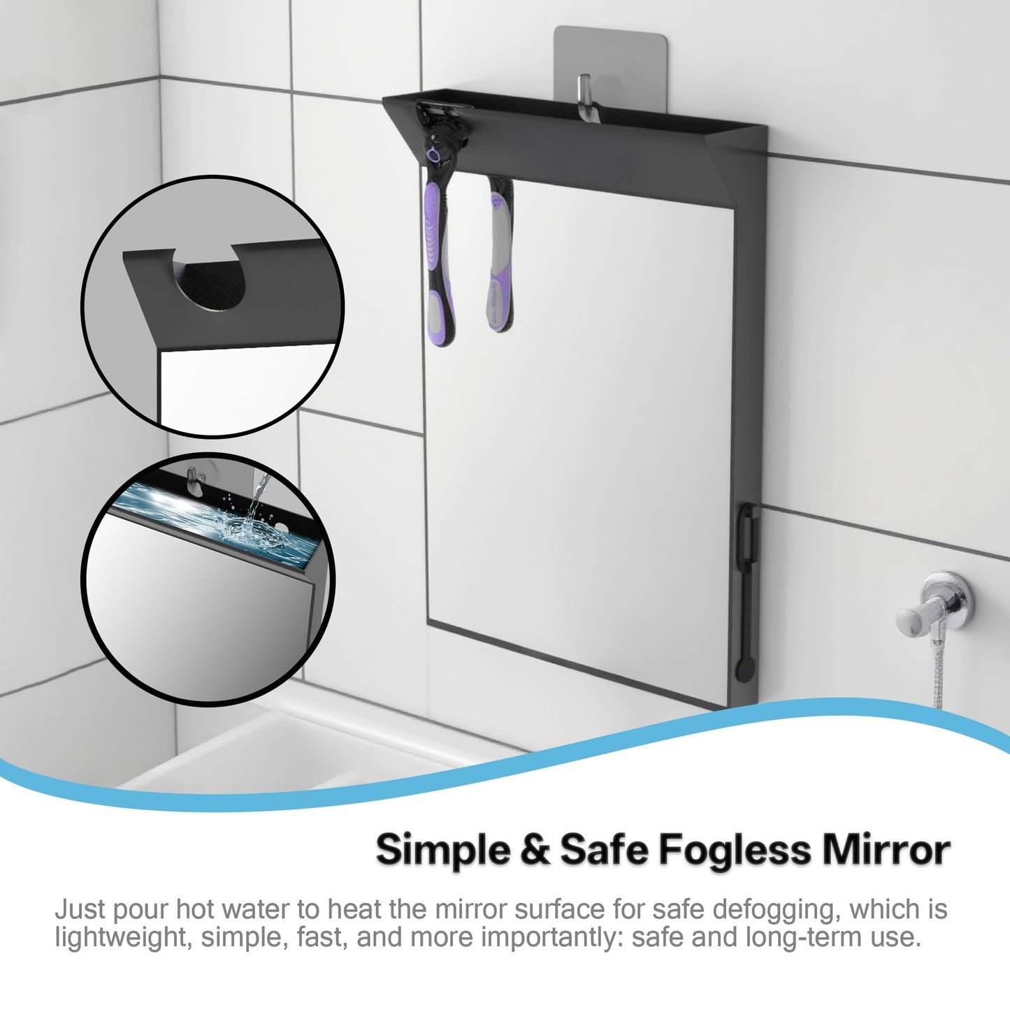 saiggnyy Wall Mount Anti Fog Mirror for Shower,Large Black Mirror for Bathroom,Hot Water Powered Defogging Shower Mirrors for Shaving for Women Makeup,Heated Makeup Mirror Hanging with Hook