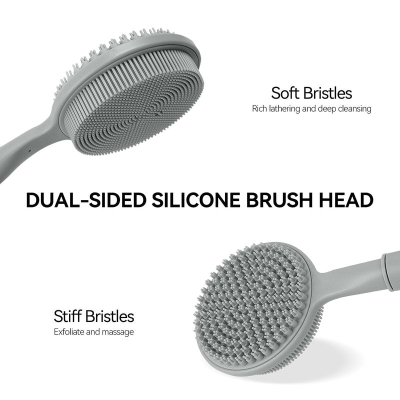 Back Scrubber for Shower, (16-24 Inch) Extendable Bath Brush Long Handle for Shower, Silicone Body Scrubber with Handle, Back Brush for Shower Men and Women,Easy to Clean (Gray)