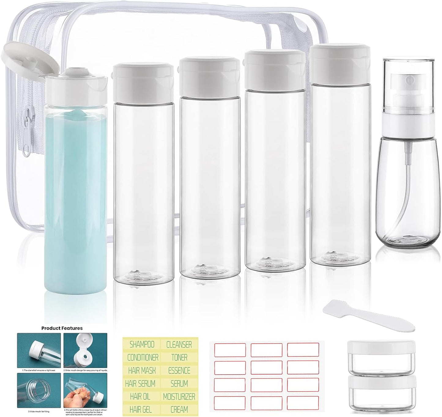 Travel Bottles for Toiletries - 9 PCS TSA Approved Leak-Proof Containers | 3.4oz Squeeze Bottles & Refillable Spray Bottles