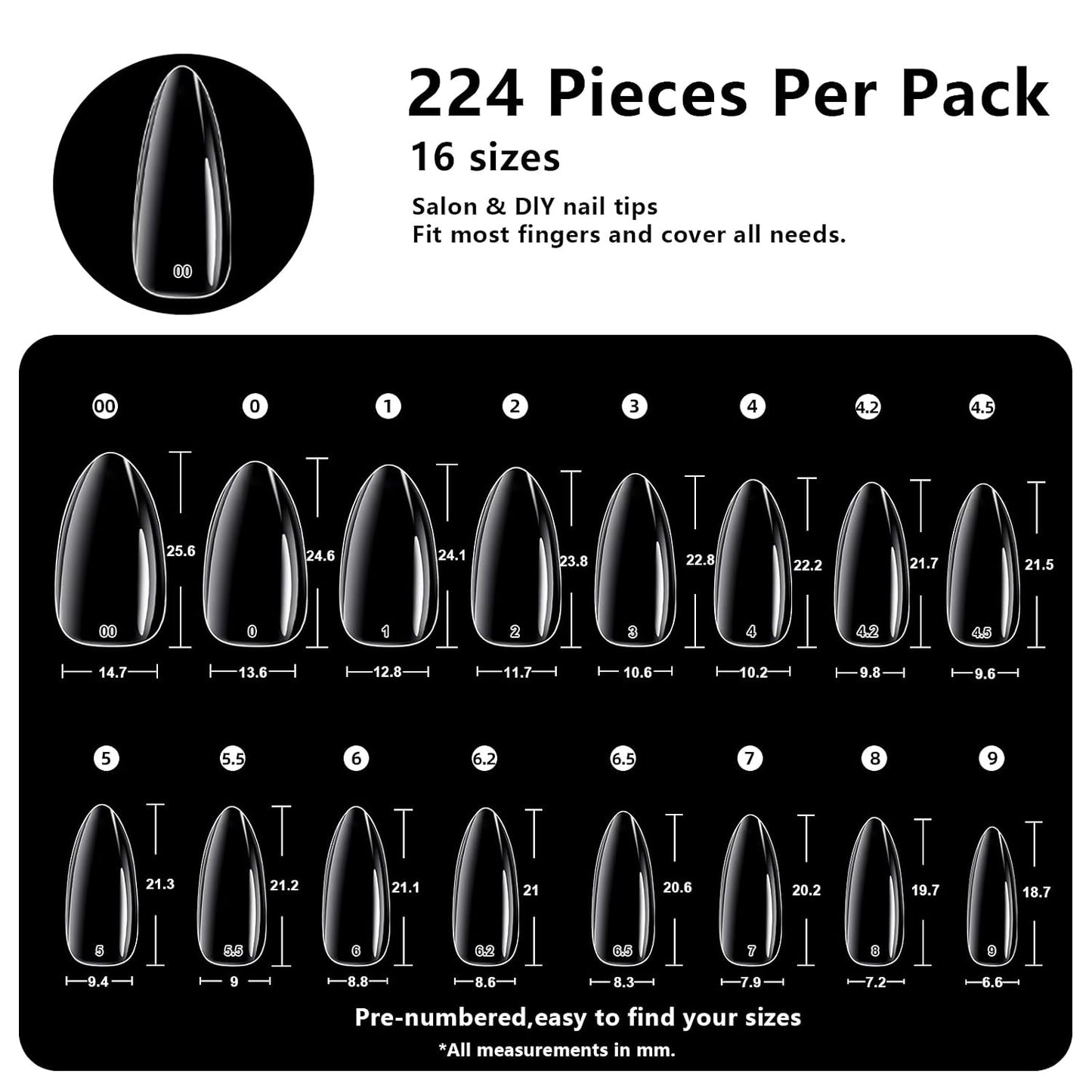 Medium Almond Clear Acrylic Nail Tips - 224 Pcs in 16 Sizes | Pre-Shaped Strong Press-On Nails for DIY Manicure