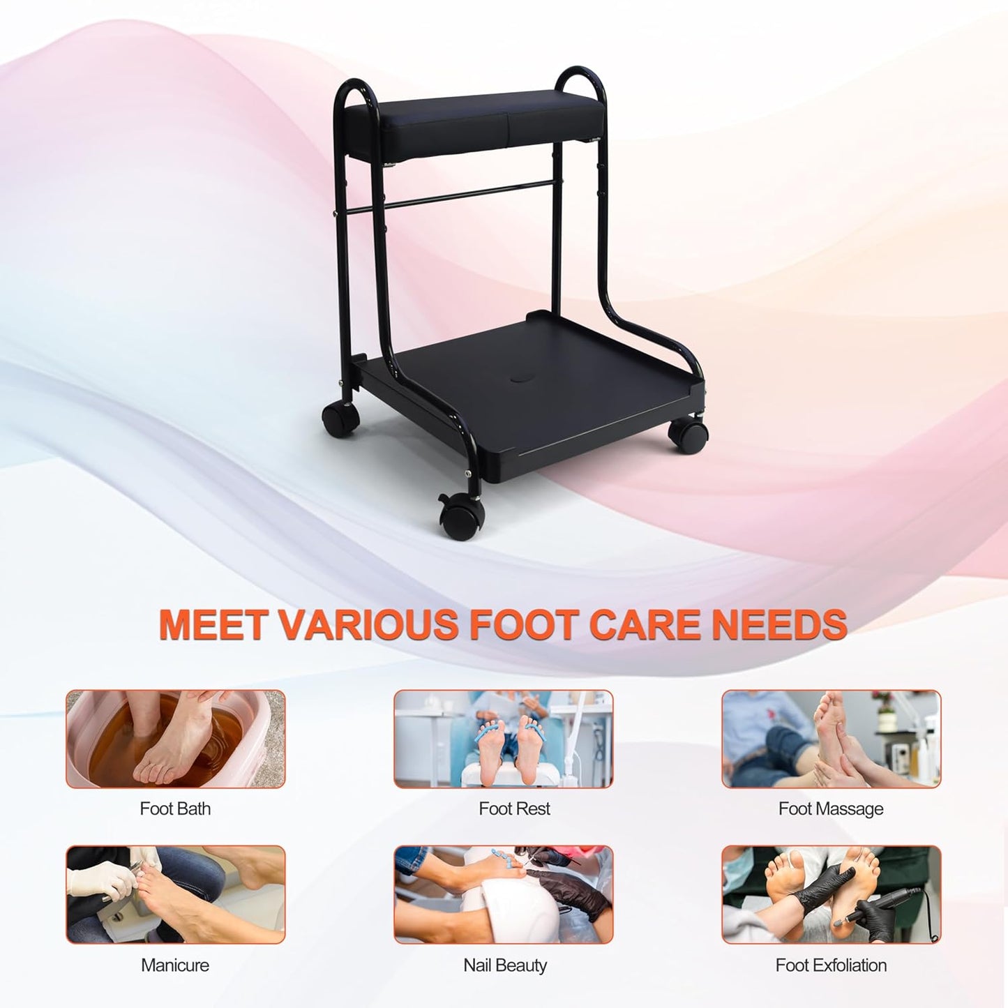 Portable Nail Foot Bath Spa Trolley Cart - Adjustable Height PU Cushion | Black Esthetician Furniture