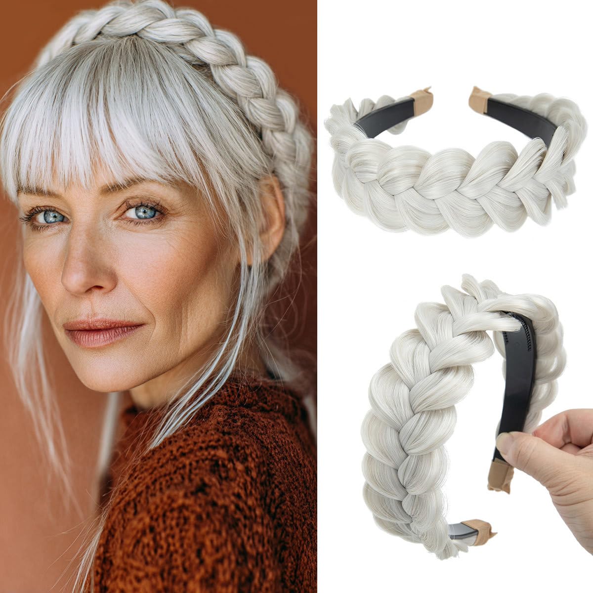Braided Headbands for Women - Handmade Synthetic Hair Hoops with Teeth | Sand Color, 1PC