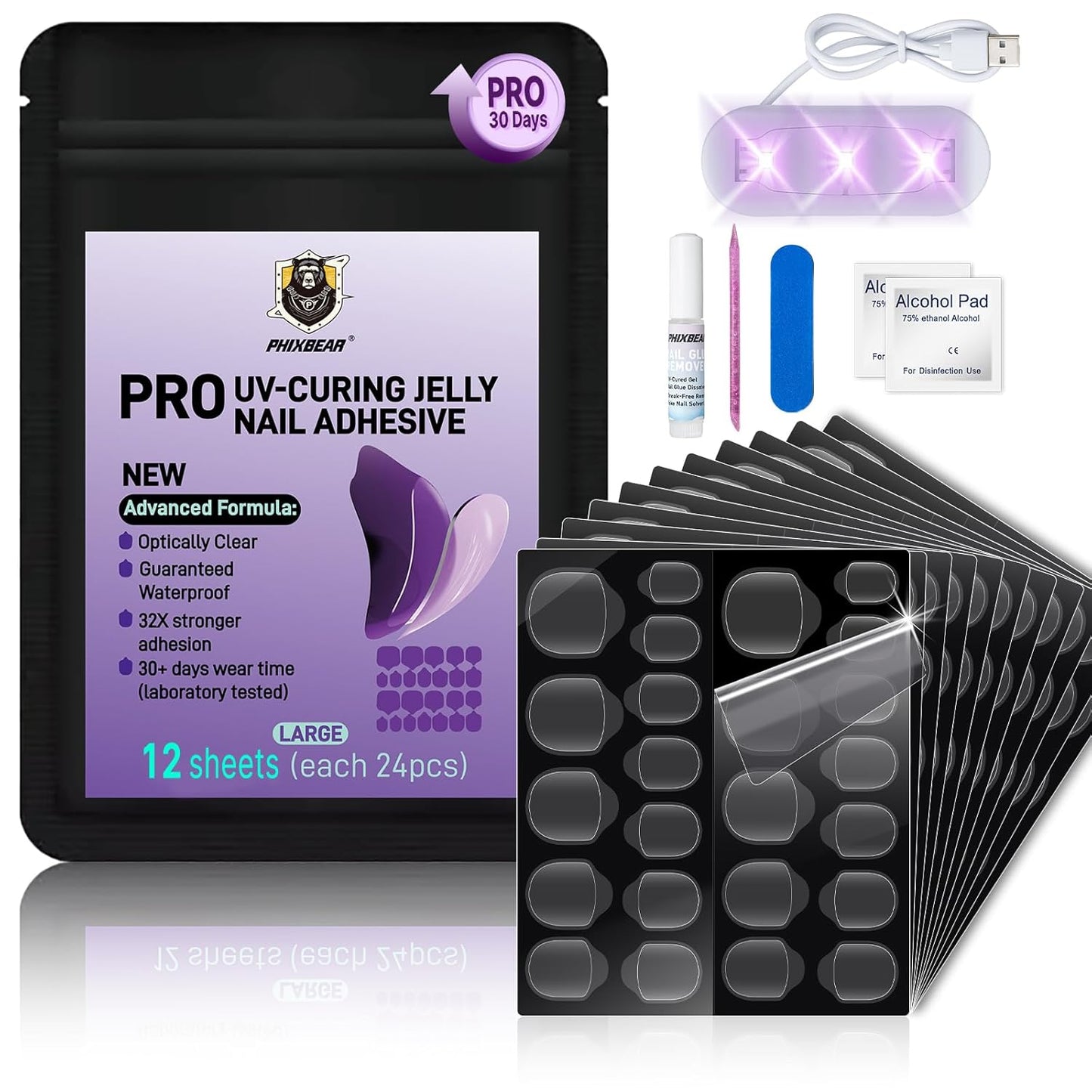 PHIXBEAR Pro UV Nail Adhesive Tabs - 32X Strong Waterproof Glue Stickers (288pcs) | Easy Remove, Long Lasting