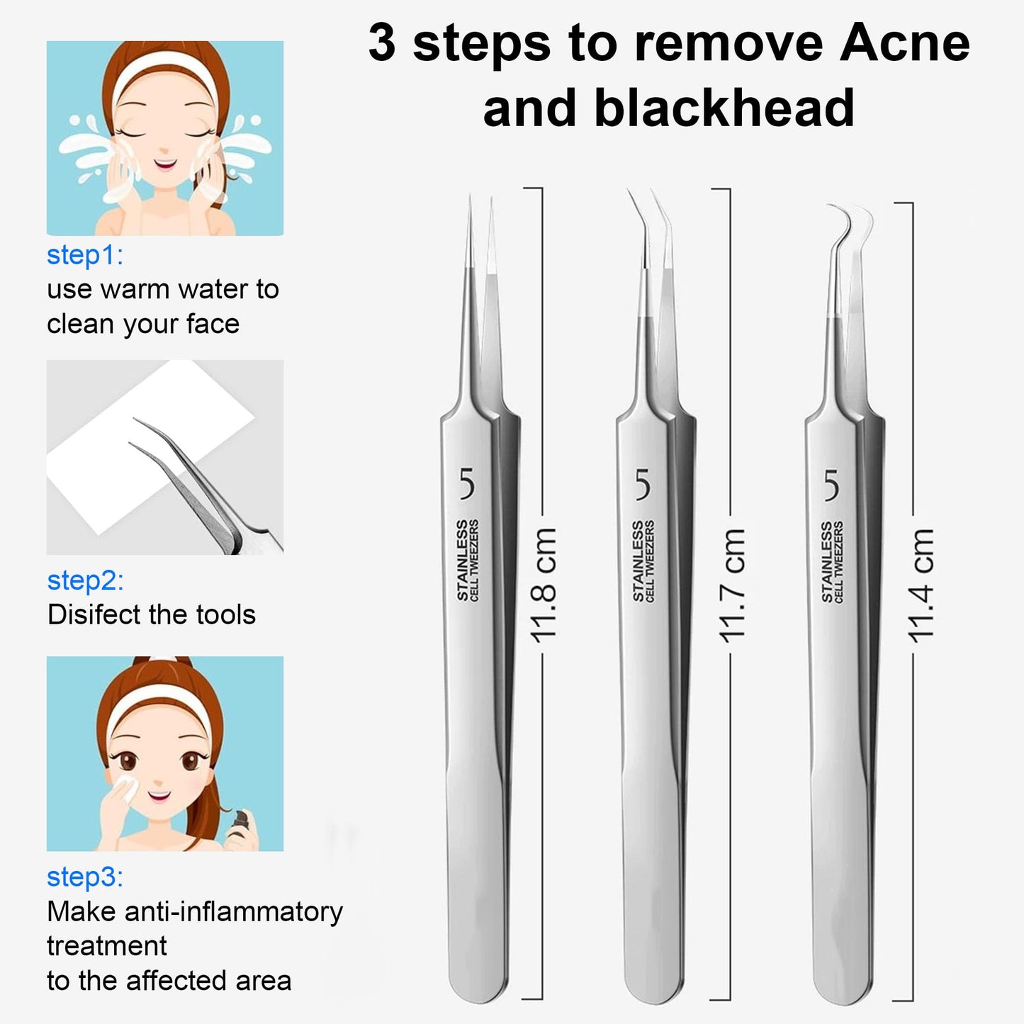 Professional Blackhead Remover Tweezers, Precision Pimple Popper Tool Kit, High-Hardness Stainless Steel Blackhead Extractor for Acne, Comedone, Whitehead, Facial Skin Care