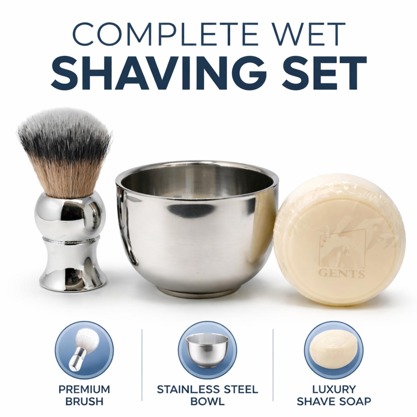 GENTS Men’s Traditional Wet Shaving Kit - 3 Piece Stainless Steel Set with Steel Bowl, Natural Shave Soap & Synthetic Brush - Perfect Grooming Gift