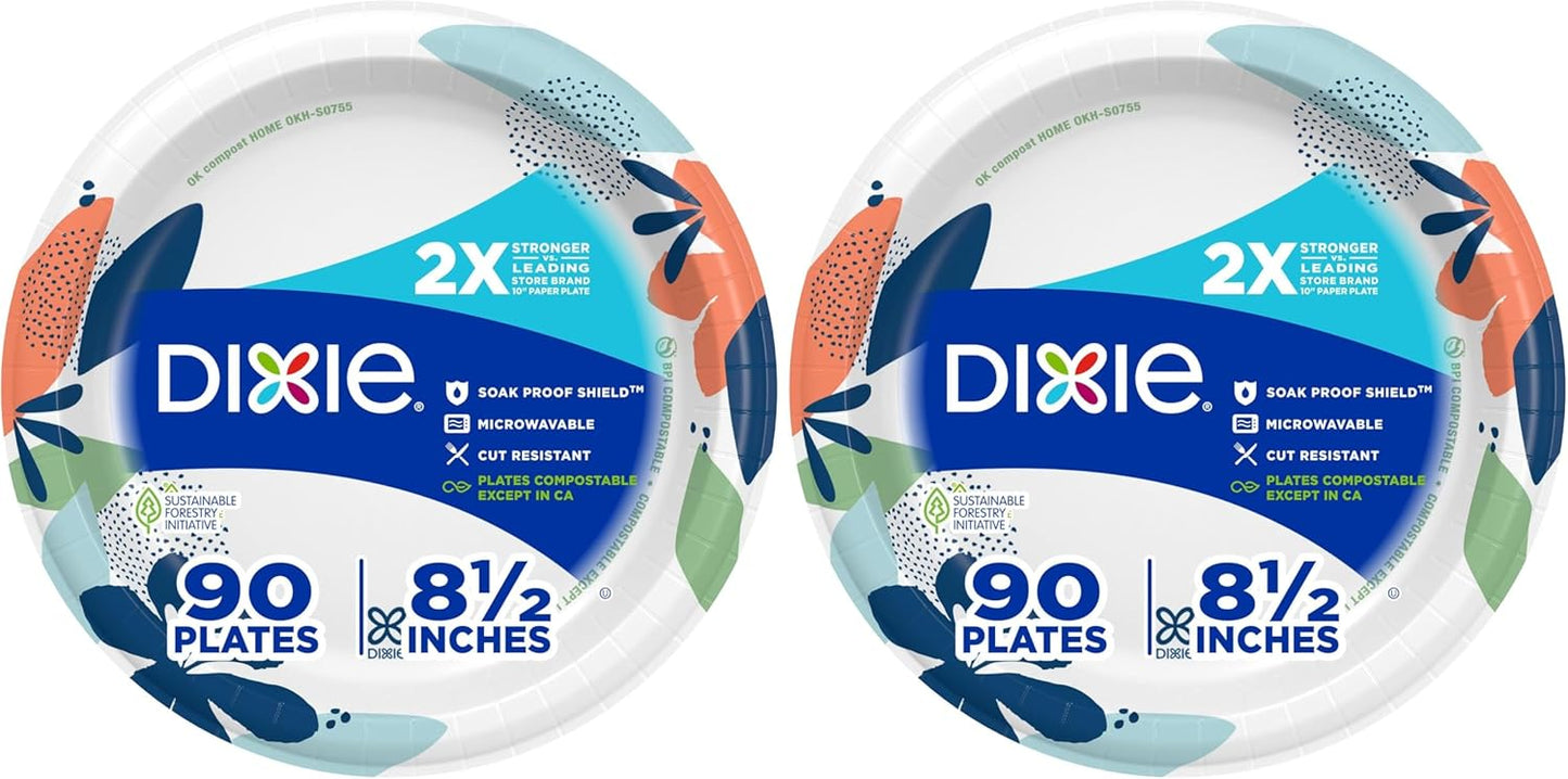 Dixie Paper Plates - Medium 8.5 Inch, 90 Count | Microwave-Safe, Soak-Proof & Cut Resistant Disposable Dinnerware