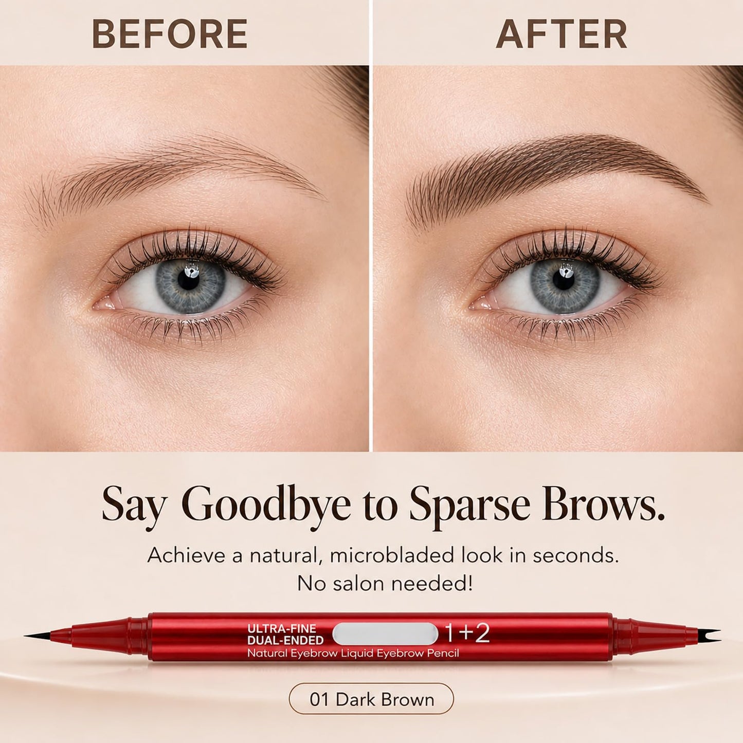 Dual-Ended Faux Brow Pen, Hair-Like Liquid Eyebrow Pencil with Double-Brush Tip & Precise Single Tip, Fast & Easy Makeup for Sparse Brows, Waterproof & Smudge-Proof Eyebrows Dark Brown