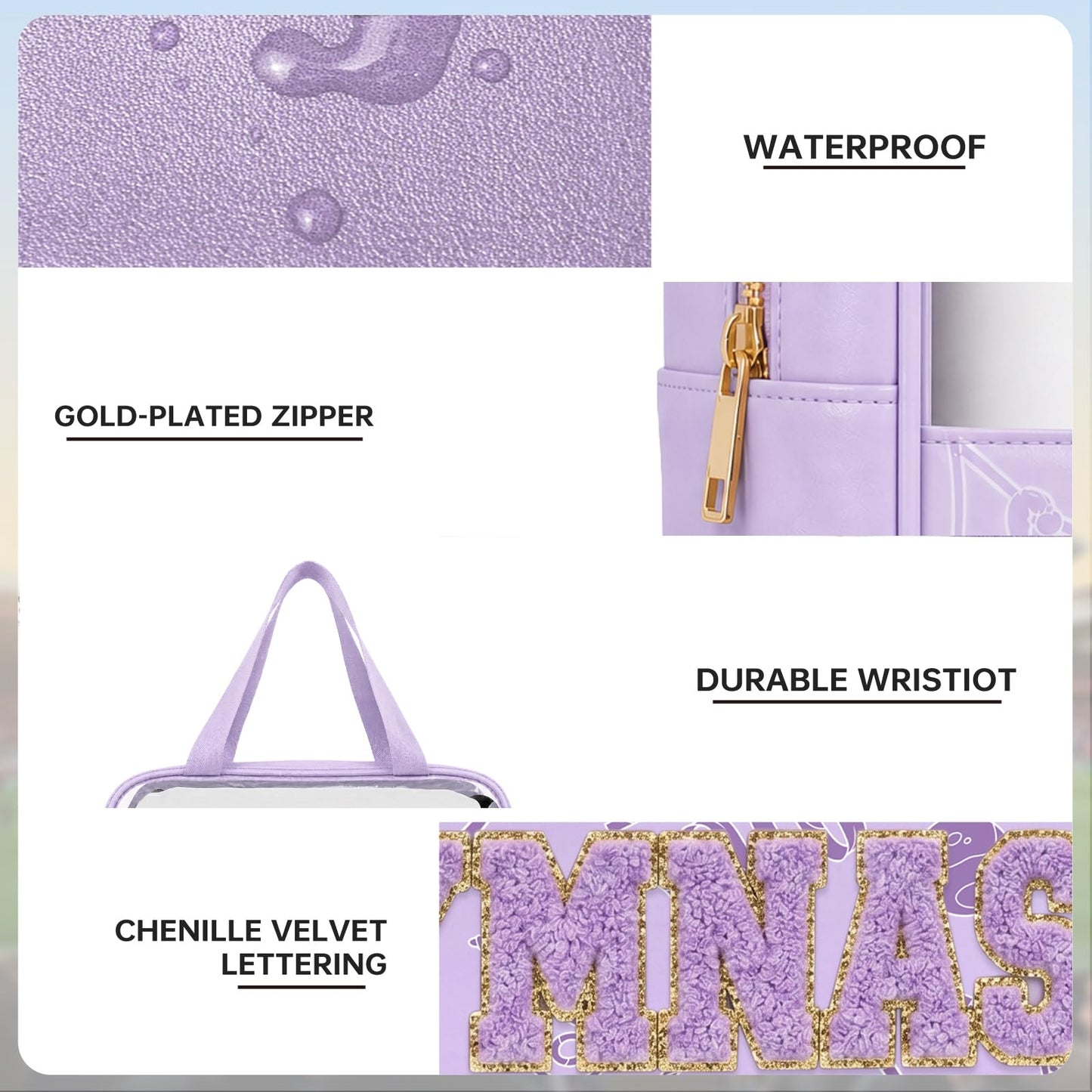 PPeen Gymnastics Makeup Bag for Girls, Clear Chenille Letter Cosmetic Pouch with Zipper, Portable Travel Toiletry Bag, Gymnastics Gift