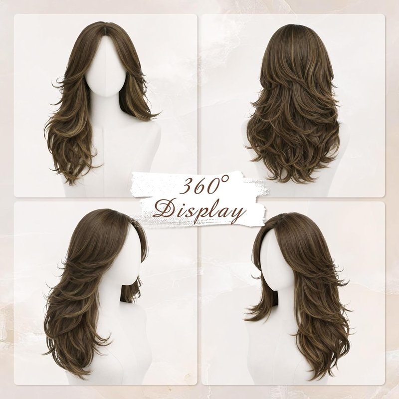 Layered Brown Wig with Highlights - Long Wavy Synthetic Hair, 22 Inch | Natural-Looking Curtain Bangs for Daily Wear