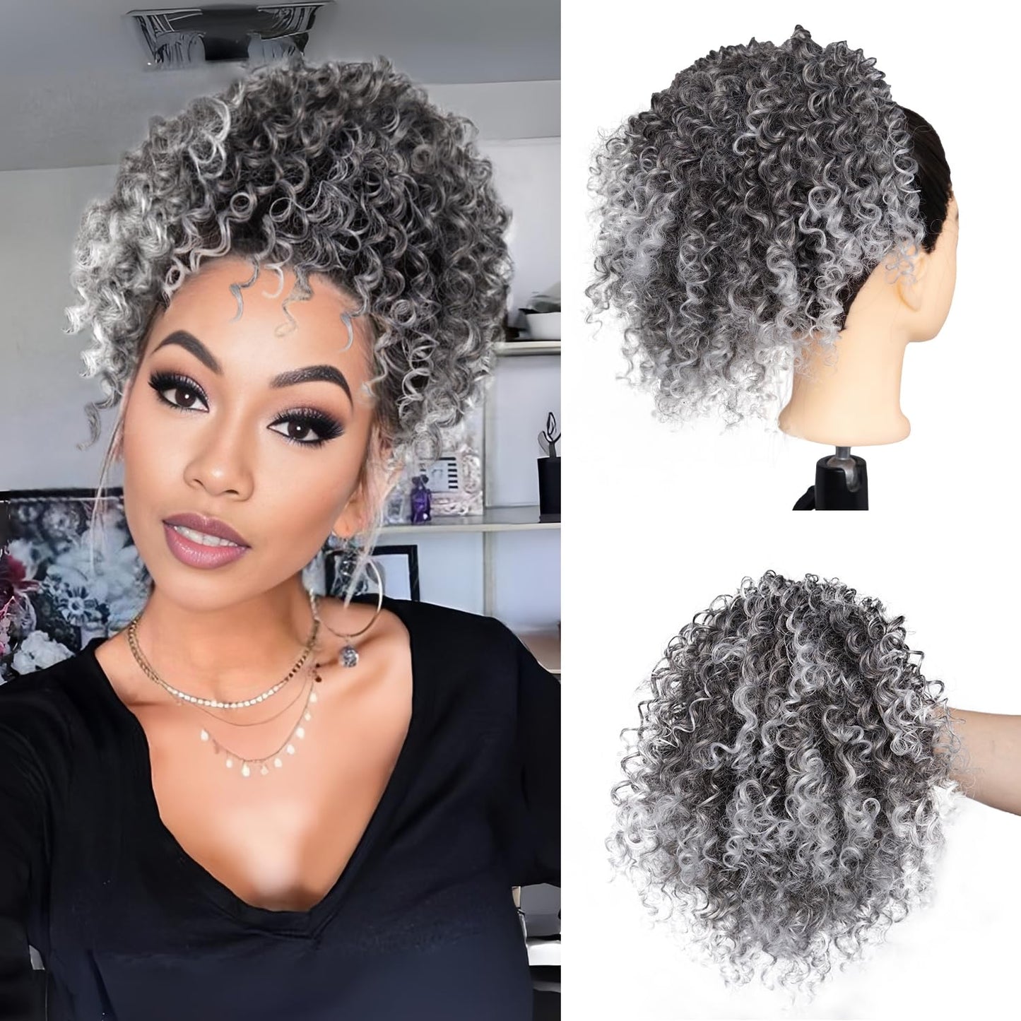 Kinky Curly Grey Drawstring Ponytail Extension - 10 Inch Ombre Salt and Pepper Hair Piece for Black Women