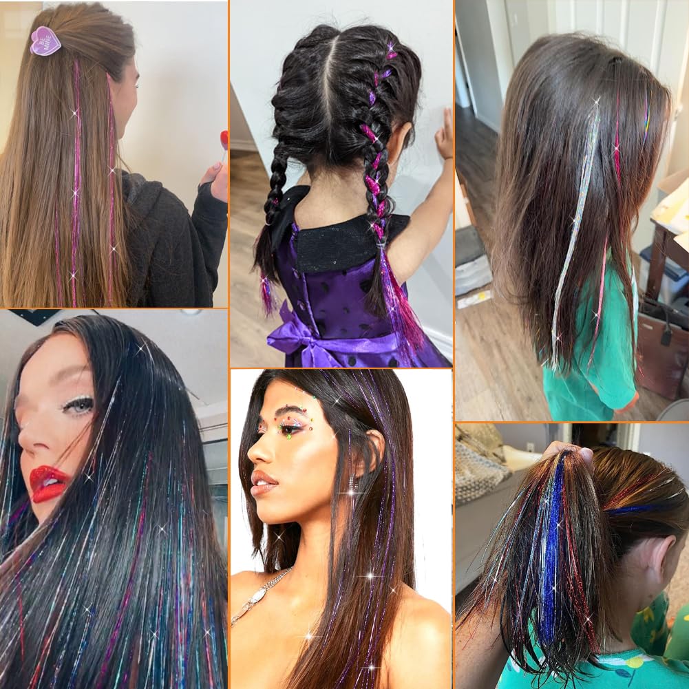AIAIZHQH Hair Tinsel Kit (20 Colors, 8800 Strands, 48 Inches) Sparking Tinsel Hair Extensions Kit with Tools, Heat Resistant Highlights Glitter Hair Extensions Fairy Hair Accessories for Girls Women