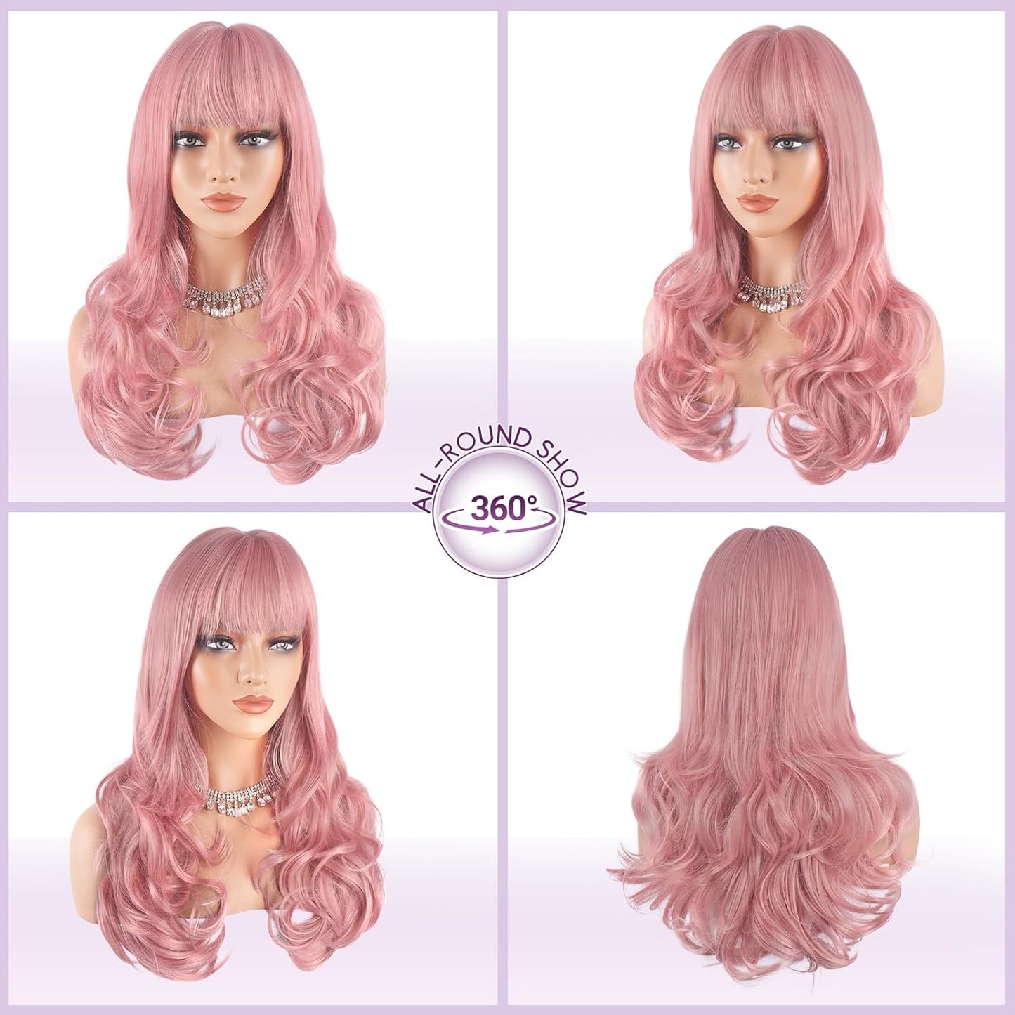 Pink Wigs with Bangs - Long Wavy Layered Synthetic Hair Wig | Natural-Looking, Heat Resistant, 24 Inch