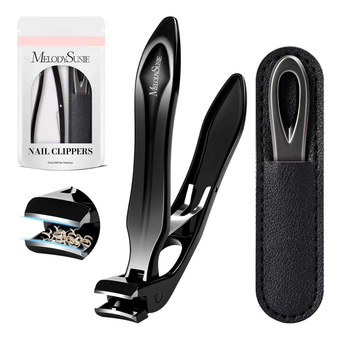 MelodySusie Wide Jaw Opening Nail Clippers, Toenail Clippers for Seniors Thick Nails, Angled Head Large Nail Clippers for Men Women with Nail File, Fingernail Cutter with Catcher Long Handle, Black