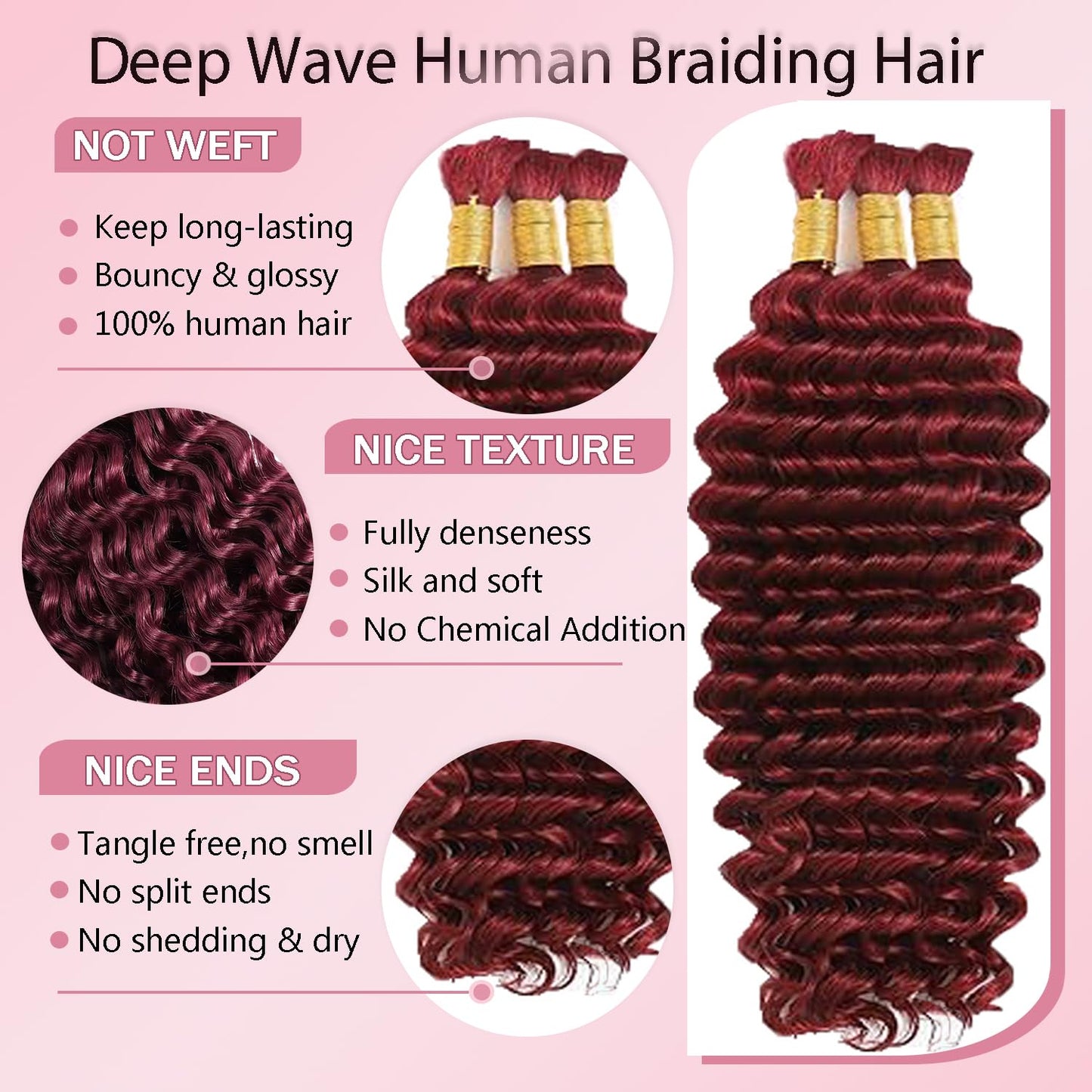 #99J Burgundy Human Braiding Hair for Boho Braids 150g 3 Bundles 24 24 24 Inch Wine Red Deep Wave Bulk Hair #99J Curly Human Hair Extensions for Braids Wet and Wavy Braid