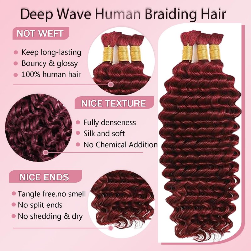 #99J Burgundy Human Braiding Hair for Boho Braids 150g 3 Bundles 16 16 16 Inch Wine Red Deep Wave Bulk Hair #99J Curly Human Hair Extensions for Braids Wet and Wavy Braid