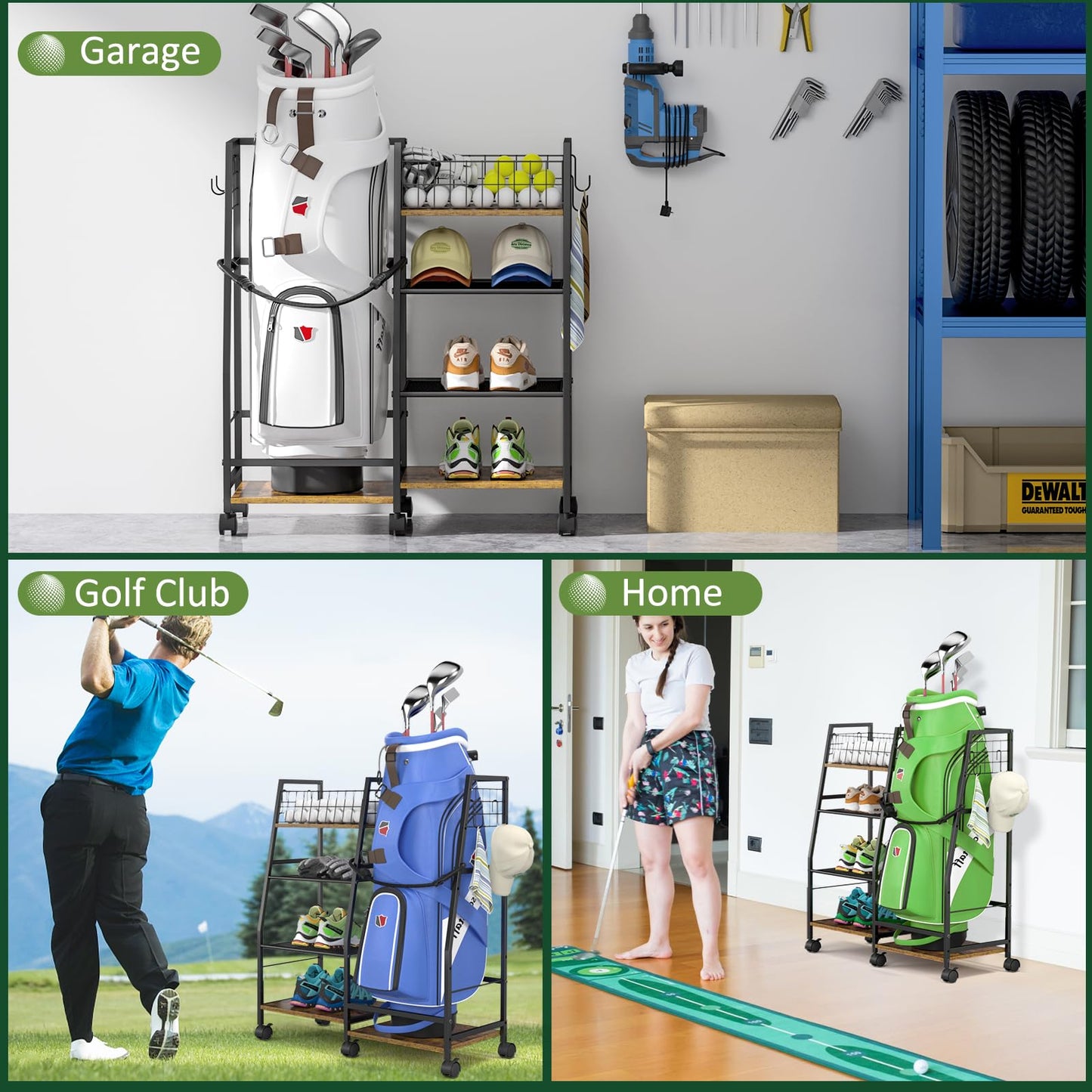 DAOUTIME Golf Bag Garage Storage Rack with Wheels, Organizer for Single Golf Bag and Equipment Accessories, Ideal for Home, Garage, Club, Shed, Basement - Sturdy Wood and Metal Construction (Black)