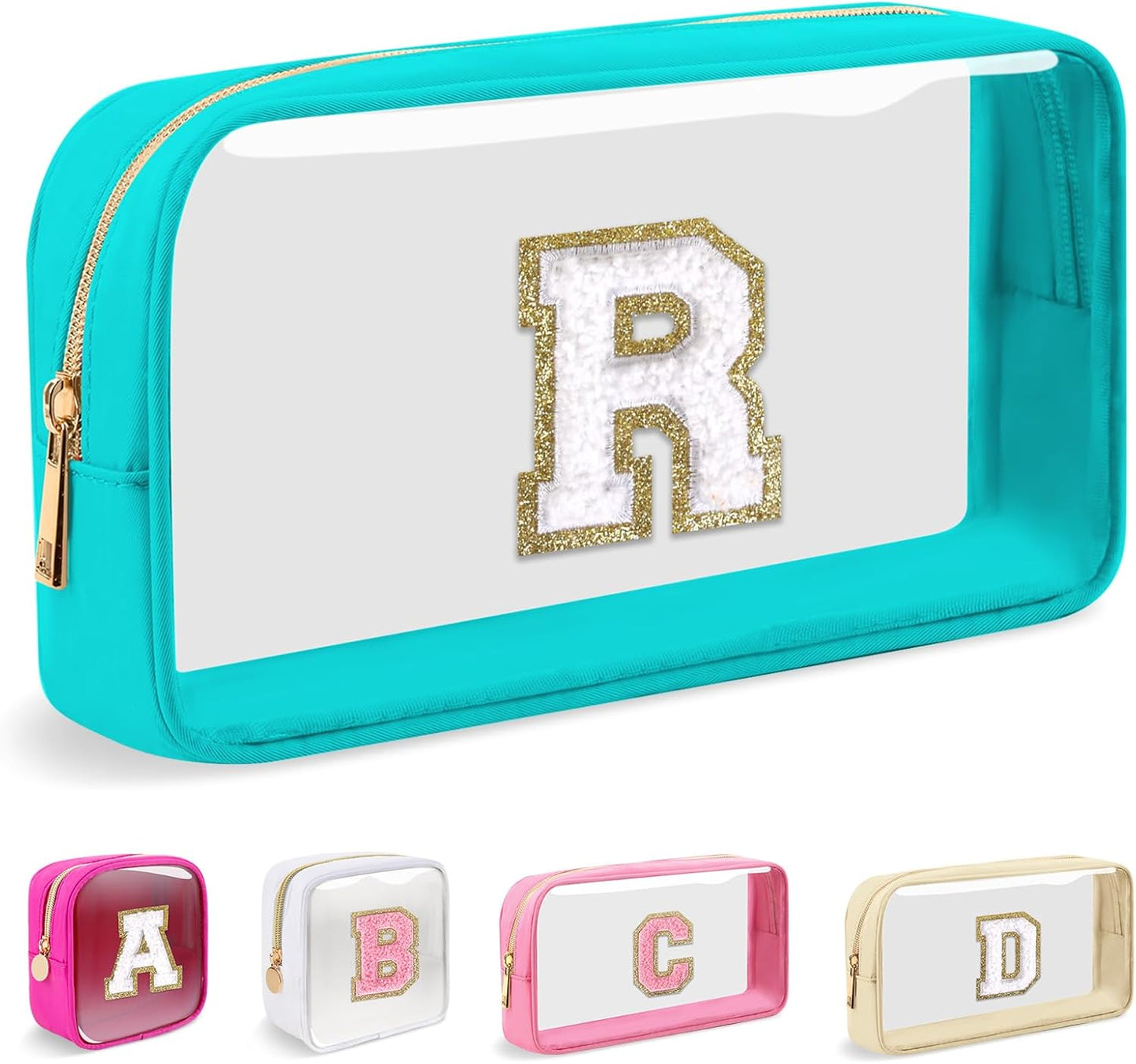 Personalized Initial Makeup Bag - Waterproof Nylon Cosmetic Pouch | A-Z Chenille Letter Patch, White-Pink G