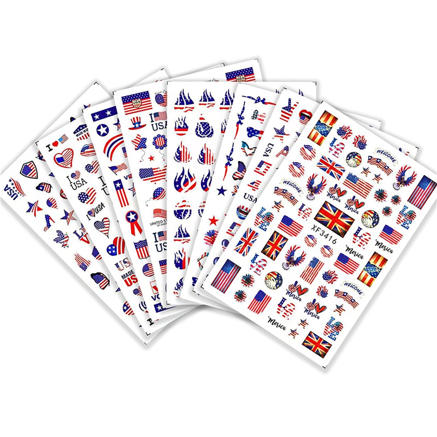 8 Sheet 4th of July Nails Art Stickers American Independence Day Nail Stickers 3D Self-Adhesive Nail Decals Heart Balloon Design American Flag Nails Supplies for Women Manicure