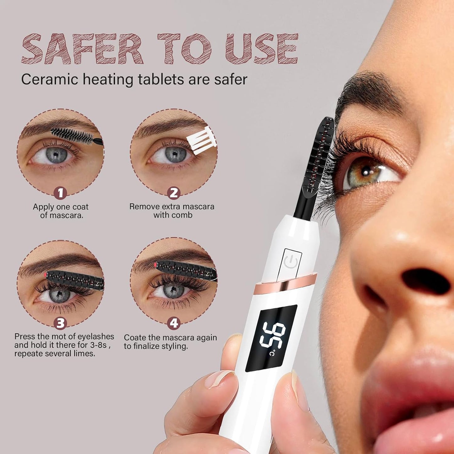 Heated Eyelash Curler - Electric Lash Curler with 10s Fast Heating & 4 Temp Settings | USB-C Rechargeable, Ergonomic Design