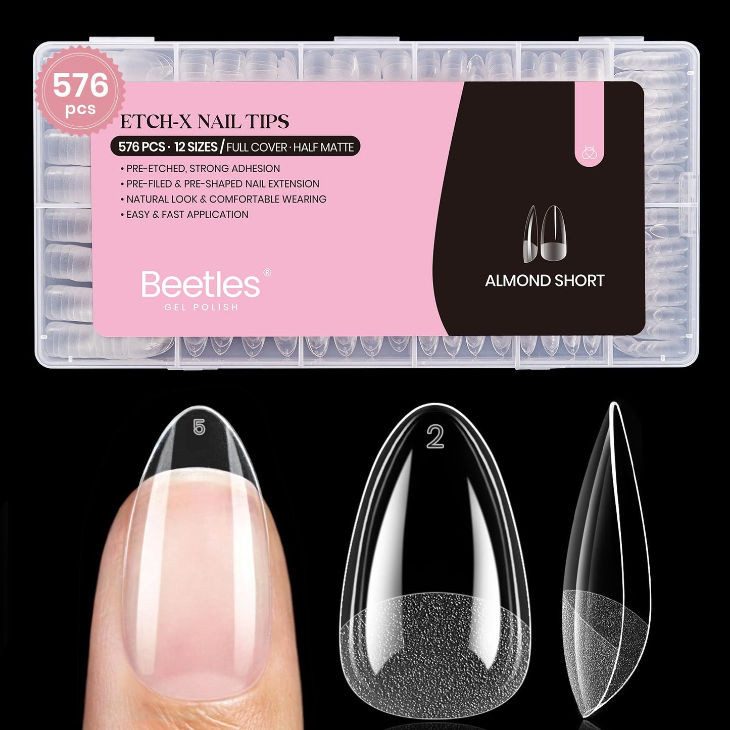Beetles Gel Nail Tips 576Pcs Pre-Shape Short Almond Etch-X Nail Tips,12 Sizes Soft Acrylic False Tips Half Matte Full Cover Easy DIY Press On Nail Extensions Art Salon Gift Set for Women