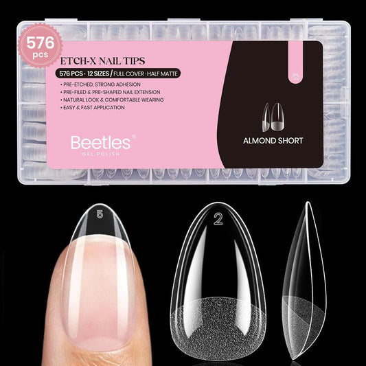 Beetles Gel Nail Tips 576Pcs Pre-Shape Short Almond Etch-X Nail Tips,12 Sizes Soft Acrylic False Tips Half Matte Full Cover Easy DIY Press On Nail Extensions Art Salon Gift Set for Women