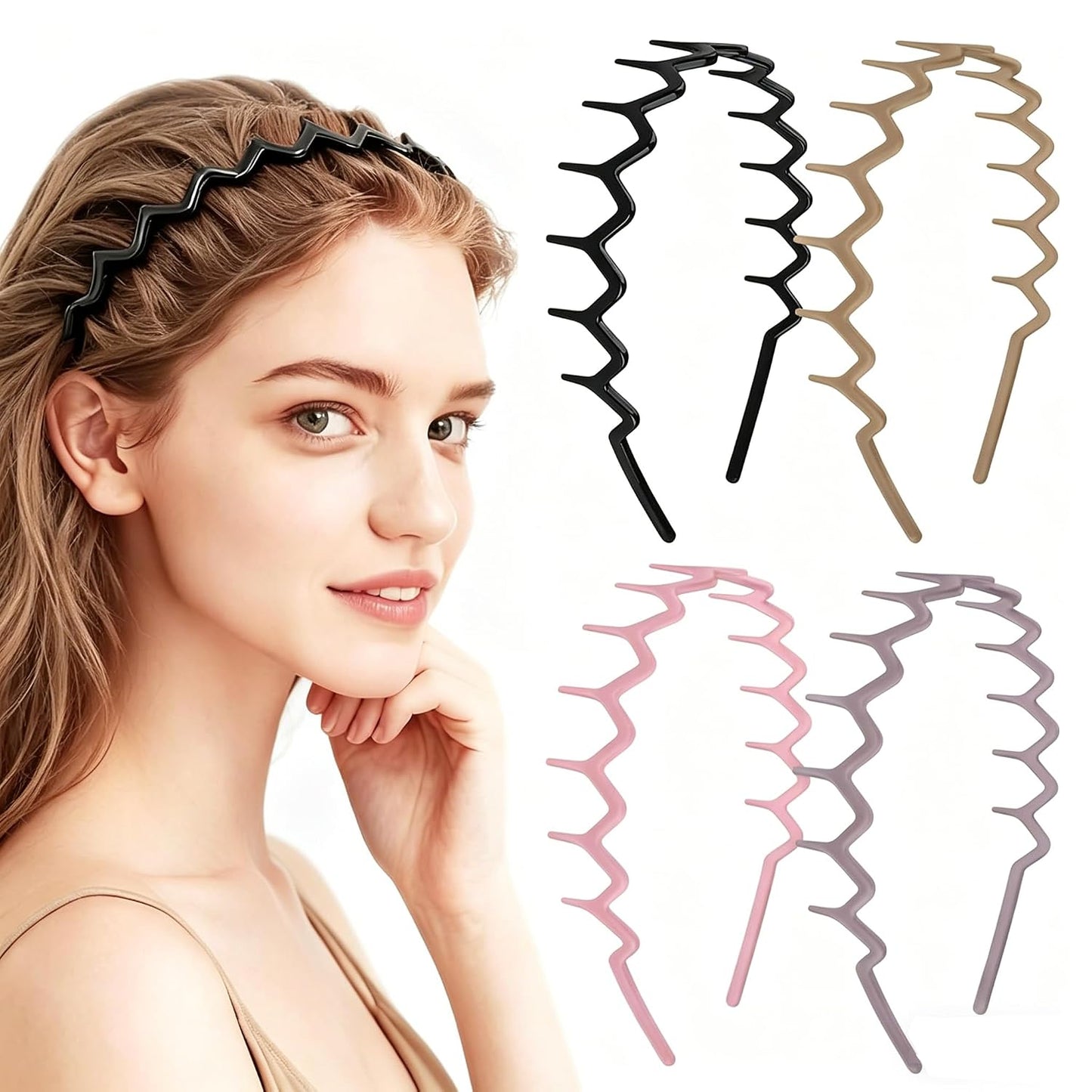 Zig Zag Headbands - 4 Pack Non-Slip Claw Hair Accessories for Women | Classic Wavy Design