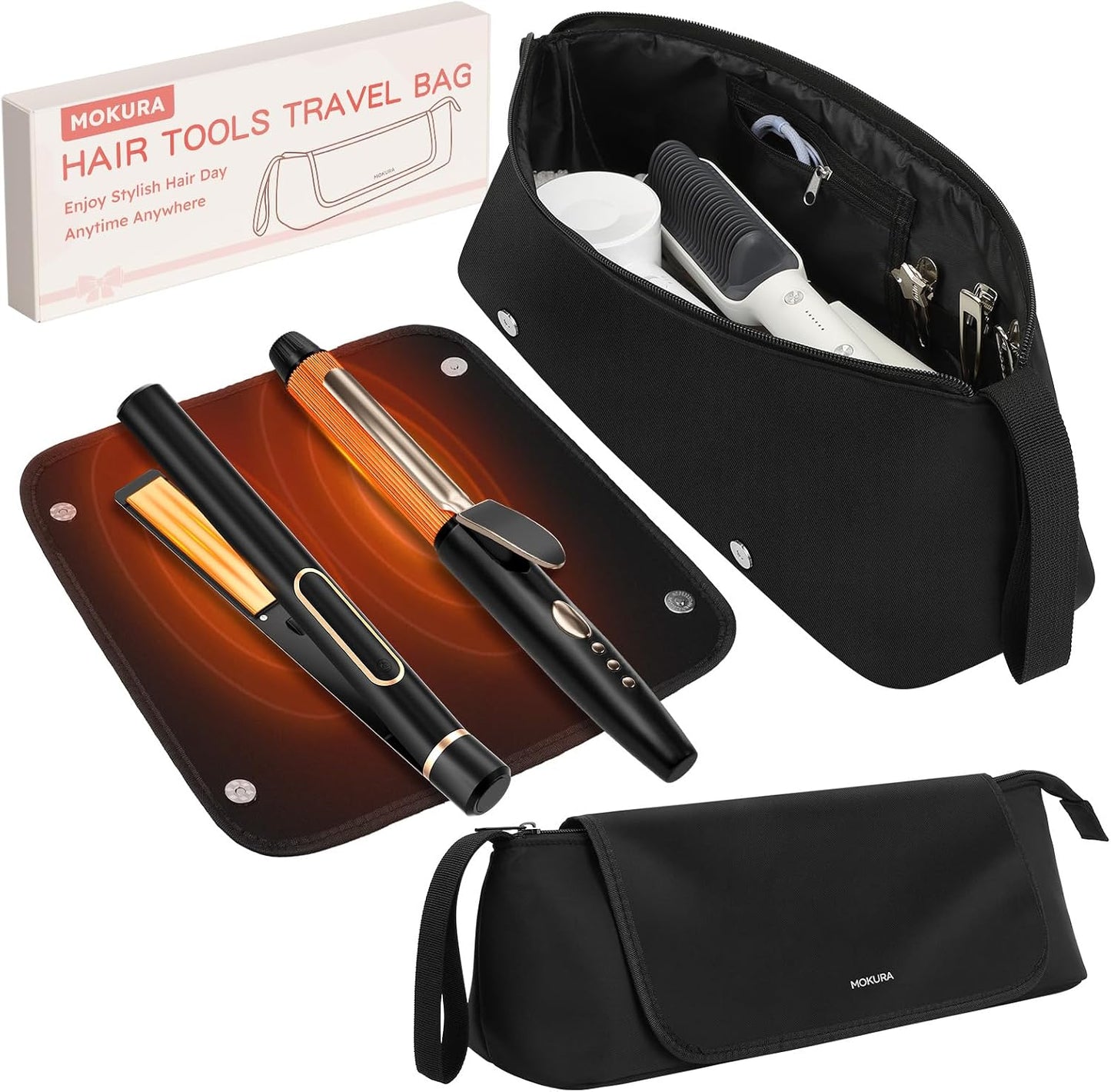 MOKURA Travel Hair Tools Organizer Bag - Heat Resistant Mat, Removable Storage Pouch for Curling Iron & Straightener | Black