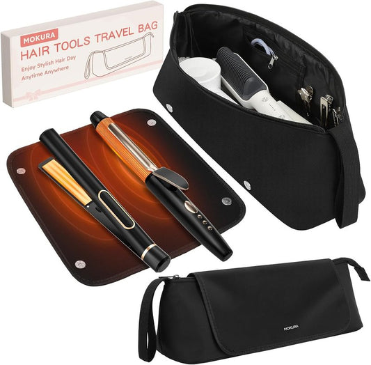 MOKURA Travel Hair Tools Organizer Bag - Heat Resistant Mat, Removable Storage Pouch for Curling Iron & Straightener | Black