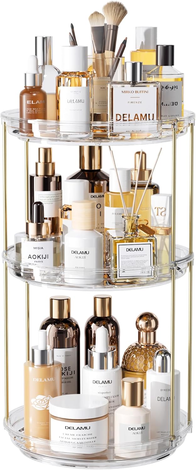 Rotating Makeup Organizer - 2 Tier Stackable Vanity Storage | Clear Skincare & Perfume Holder