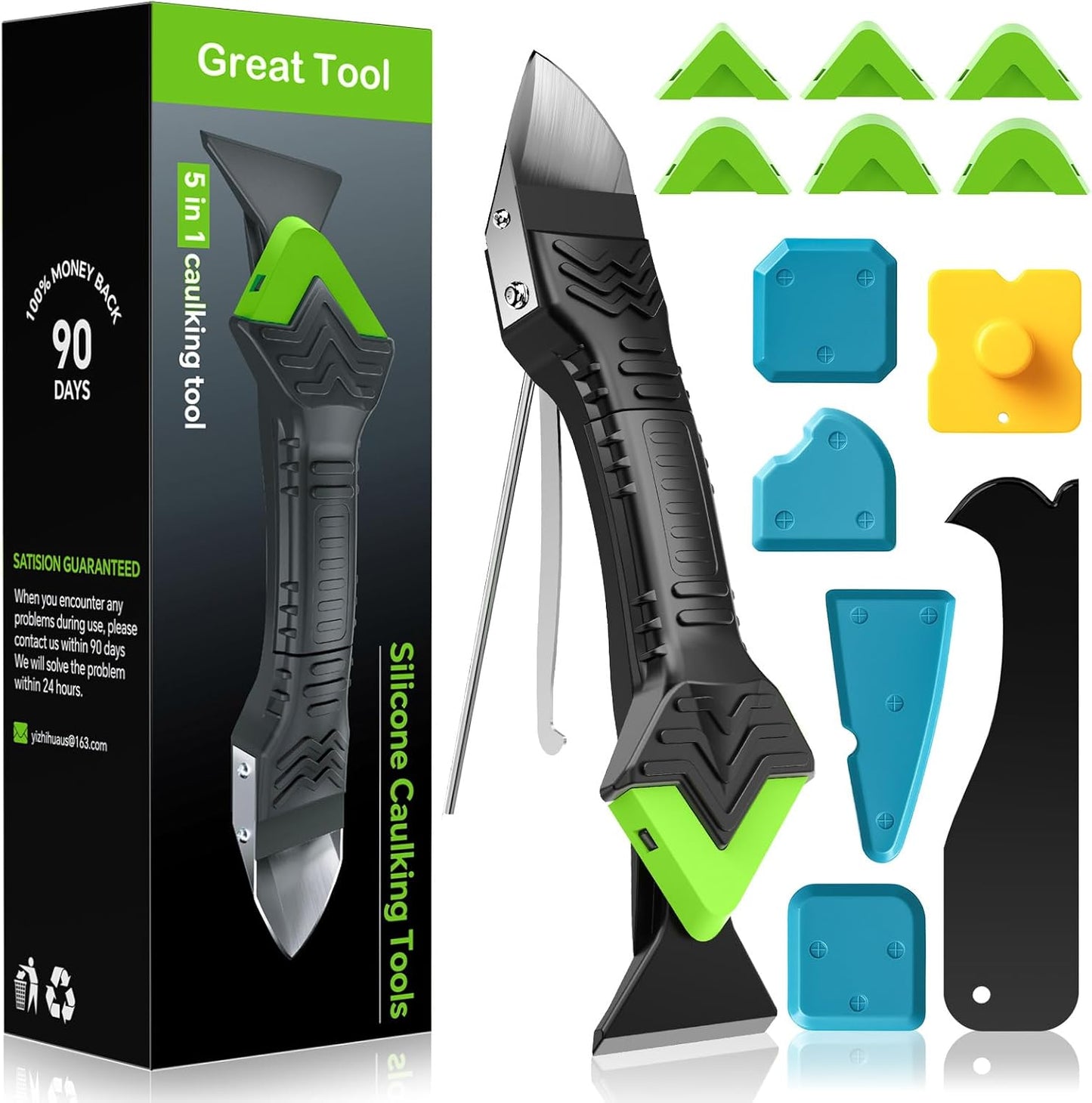Goopreen 5-in-1 Caulking Tool - Silicone Sealant & Grout Remover with Stainless Steel Head | 6 Replaceable Pads for Kitchen & Bathroom