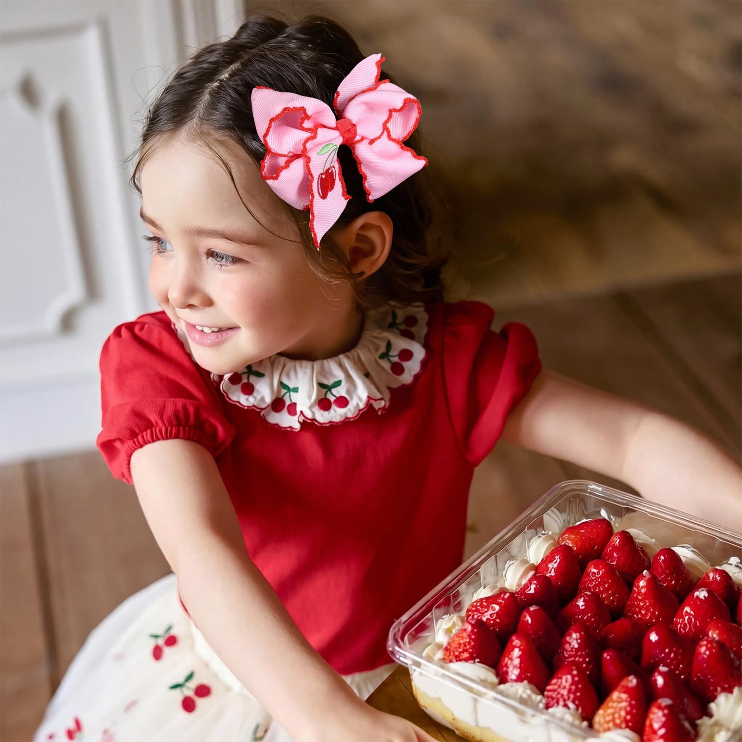 4" Red Cherry Fruit Hair Bow Clips 2PC Pink Embroidered Grosgrain Ribbon Bowknot Alligator Clip for Teen Girls Women Birthday Party Dress Summer Outfit Decor Accessory Gift