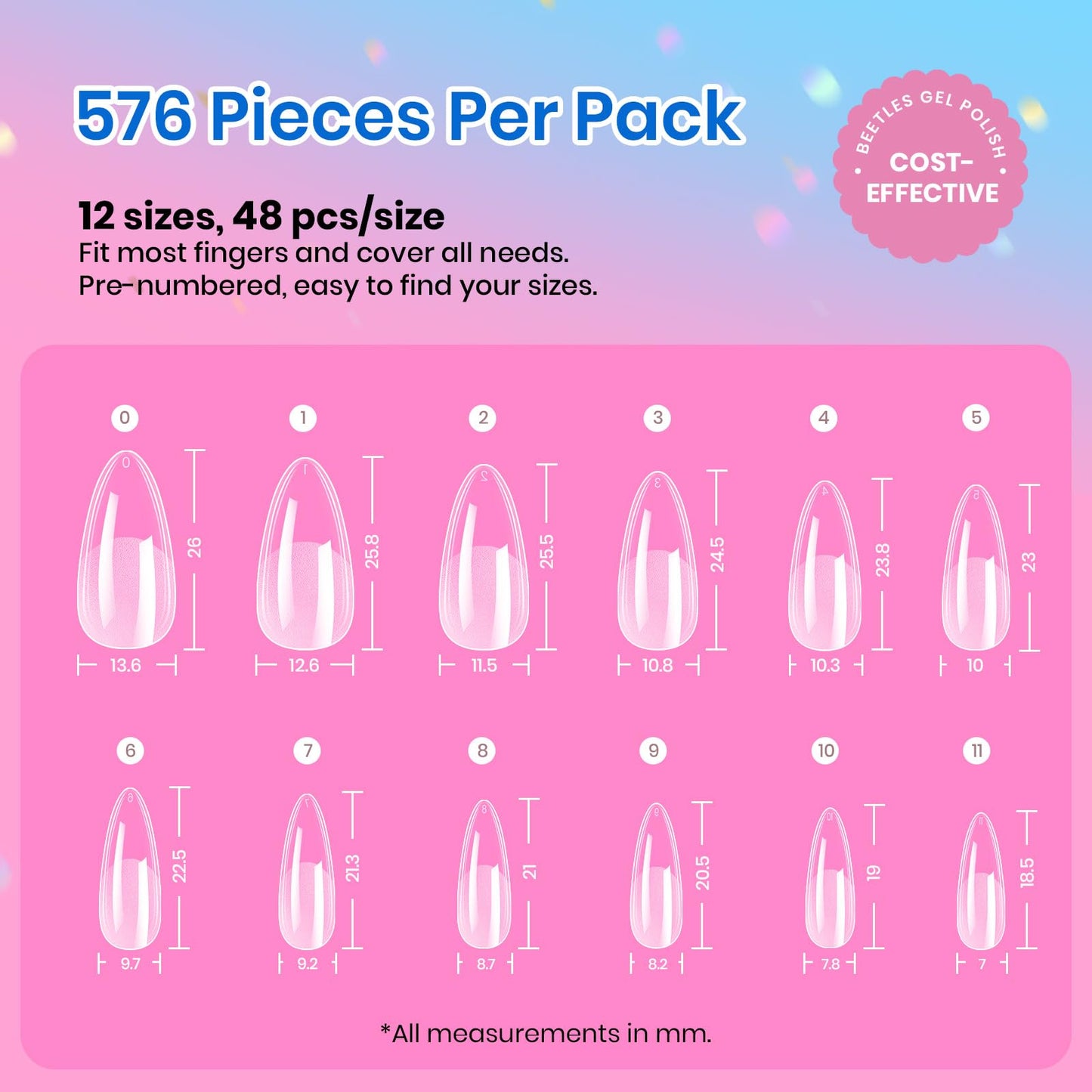Beetles Medium Almond Nail Tips 576pcs 12 Sizes, Pre-Etched Soft Gel Nail Tips Half Matte Full Cover Press on False Nail Tips Clear Acrylic Nails Glue on Nails DIY Nail Extension Gift for Women