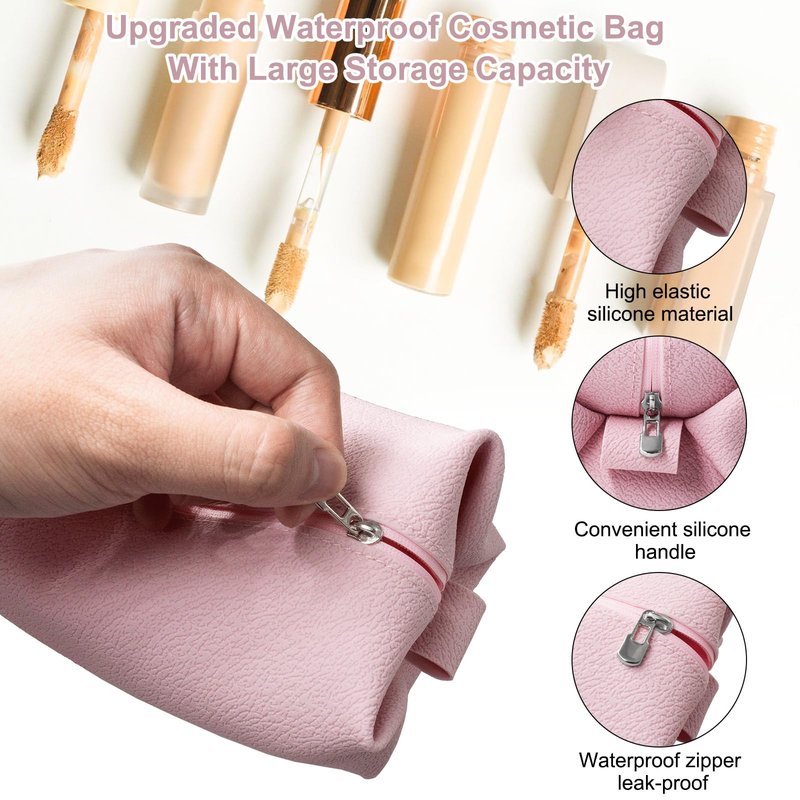 FyndAna Portable Silicone Makeup Bag, Large Waterproof Makeup Brush Bag,Bathroom Travel Bag,Upgraded Leakproof Zipper Makeup Box,Suitable for Mens Womens(Pink)