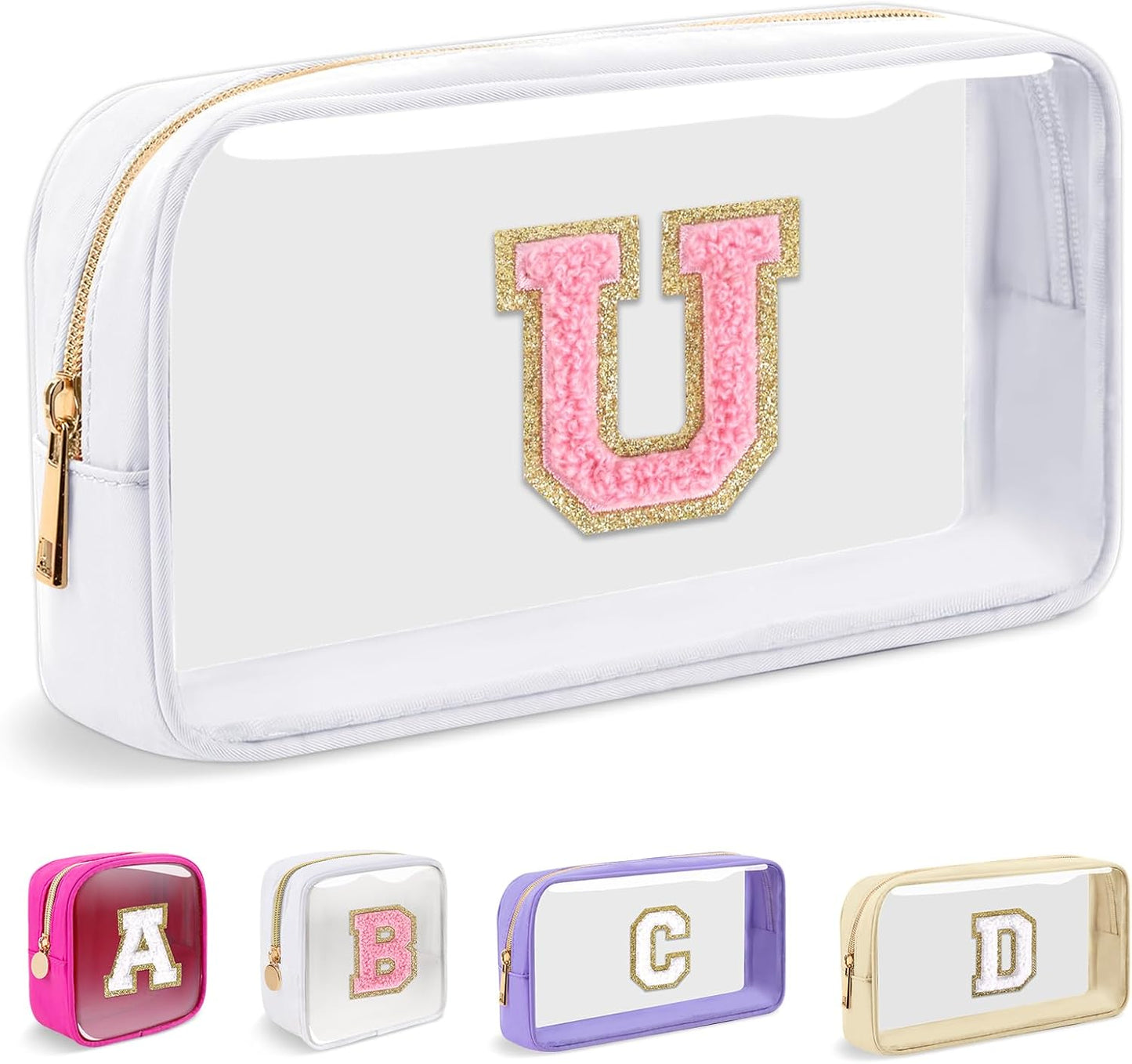 Personalized Initial Makeup Bag - Waterproof Nylon Cosmetic Pouch | A-Z Chenille Letter Patch, White-Pink G
