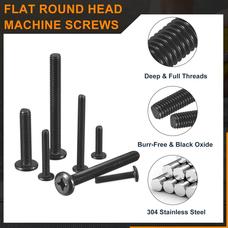 uxcell 20Pcs M4-0.7 x 12mm Flat Round Head Machine Screws, 304 Stainless Steel Phillips Drive Machine Screw, Full Thread, Black Oxide, Furniture Screw Connection Bolt Screw
