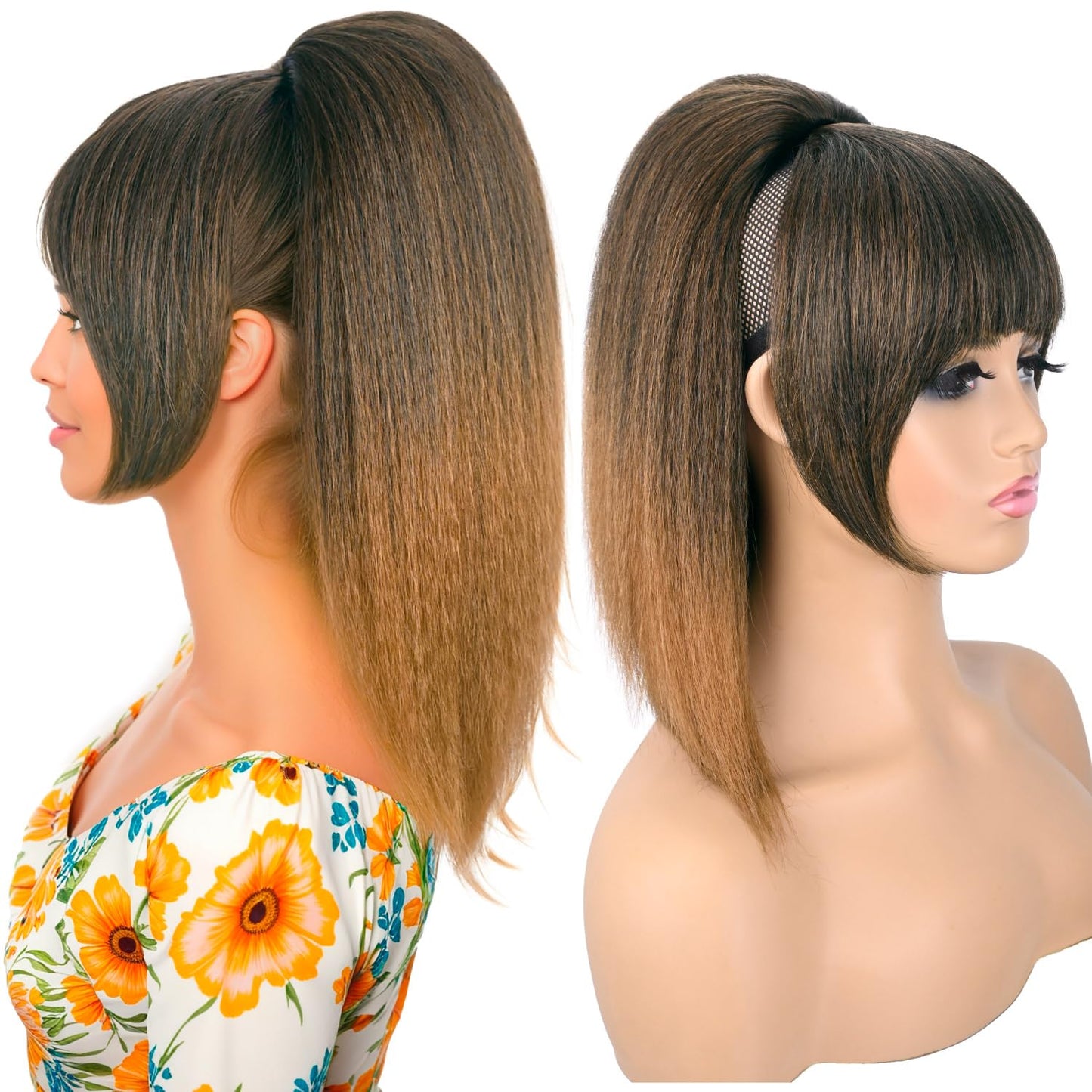 Ponytail Extension with Bangs - Yaki Straight Synthetic Hairpiece | 16-Inch Clip-In for Black Women (Black Brown)