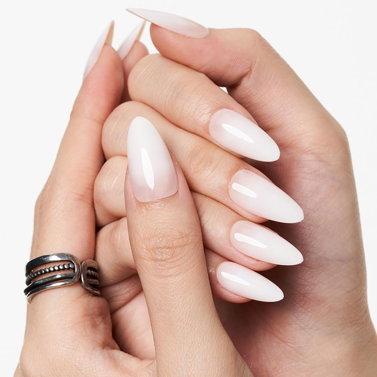 Press On Nails | Medium Almond White Ombre Gel False Nails - Reusable Short Stiletto & Oval Acrylic Manicure Set