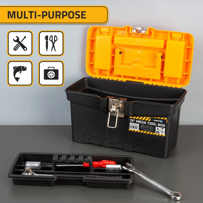 CANOPUS Plastic Toolbox, 13-inch Portable Mega Tool Box with Metallic Clutch, Tool Organizer with Extra Storage Tray for Home Tools, Nails and Pins, Black-Yellow