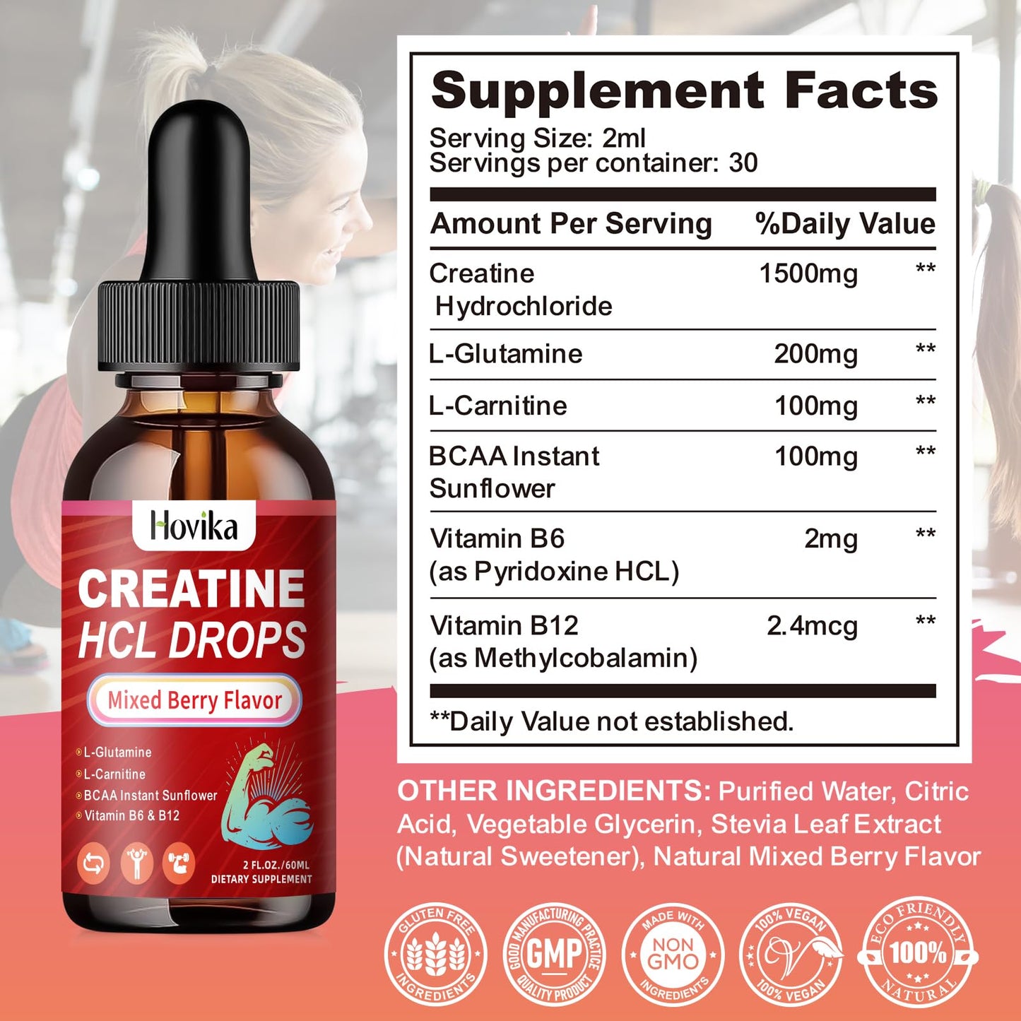 Hovika Creatine HCL Liquid Drops for Men & Women, Creatine Hydrochloride with L-Carnitine, L-Glutamine, BCAA, Vitamin B12 & B6 for Muscle Growth & Recovery-Vegan, Mixed Berry Flavor Flavor, 2 Fl Oz