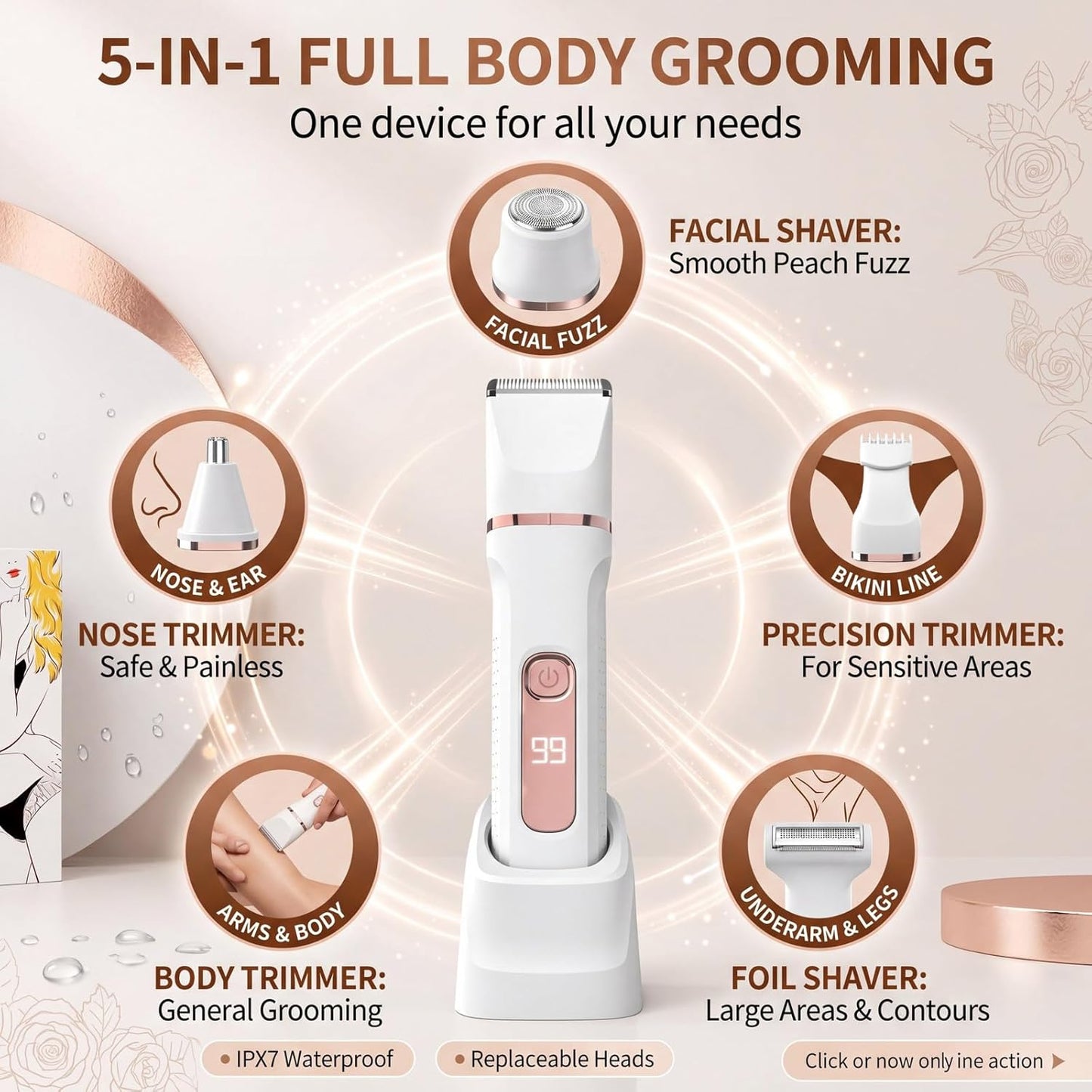 Bikini Trimmer for Women - IPX7 Waterproof Electric Shaver with 5 Blades | USB-C Rechargeable, White