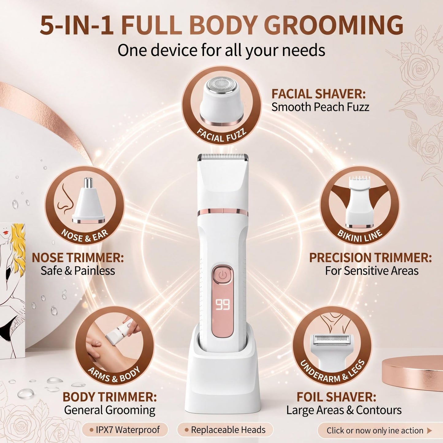 Bikini Trimmer for Women,Electric Shaver for Women, IPX7 Waterproof Razor Shaver,Women's Electric Razor,Intimate Shaver for Women,with 5 Blades,USB-C Rechargeable,Recharge Dock（White